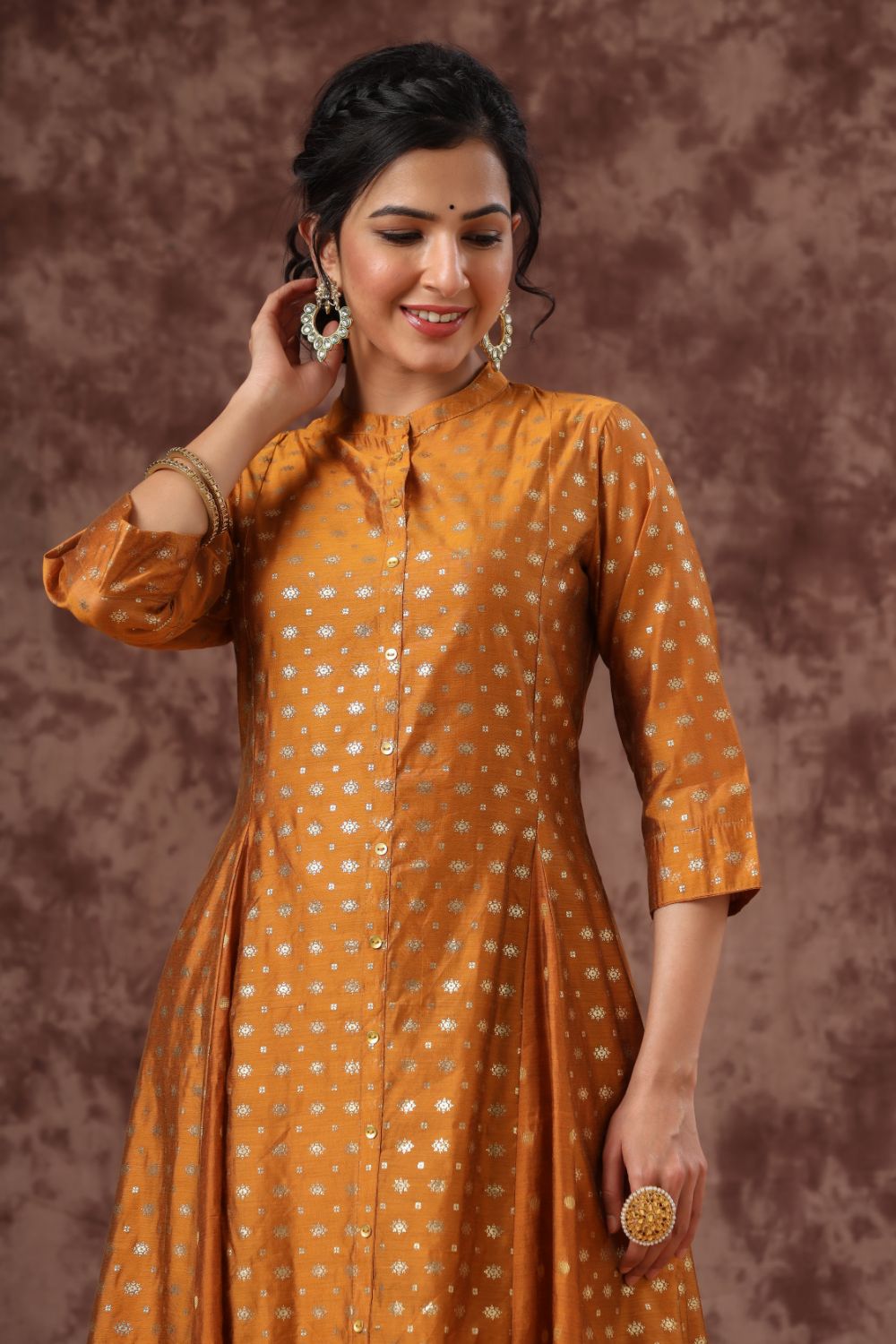 Juniper Womens Mustard Chanderi Foil Print Kurta
