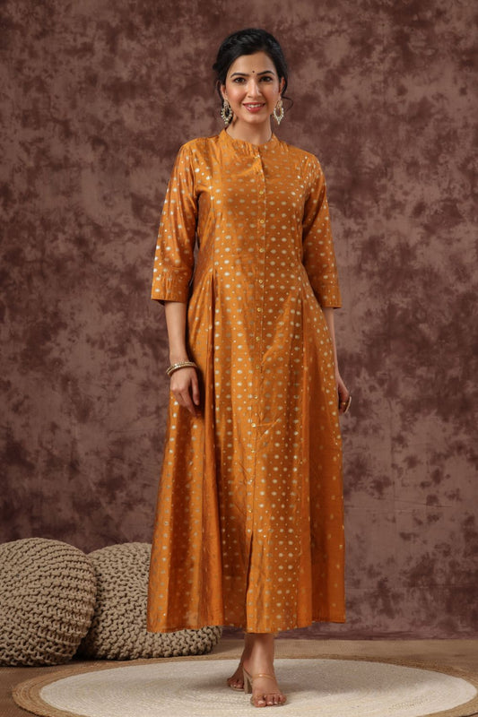 Juniper Womens Mustard Chanderi Foil Print Kurta