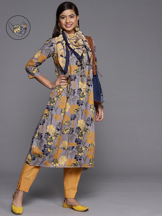 Biba Women Lavender & Mustard Yellow Floral Printed Floral Kurta - Grab2buy