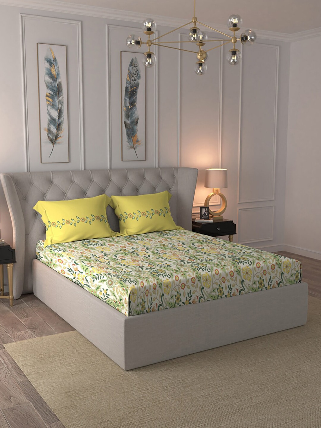 MYTRIDENT Beige White Floral Pure Cotton 144 TC Queen Bedsheet With 2 Pillow Covers 