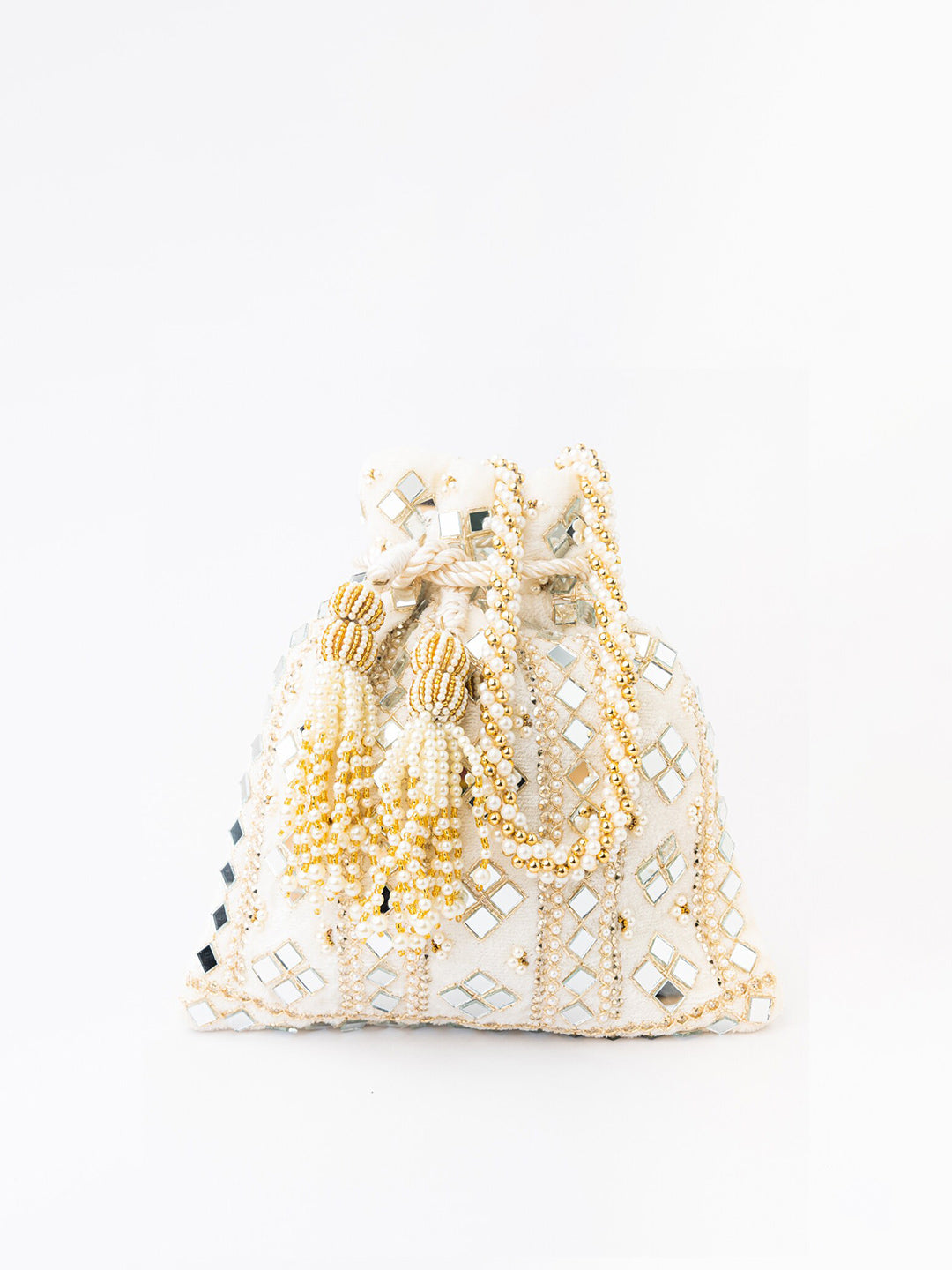 NR By Nidhi Rathi White Mirror Work Embroidered Potli Clutch - Grab2buy