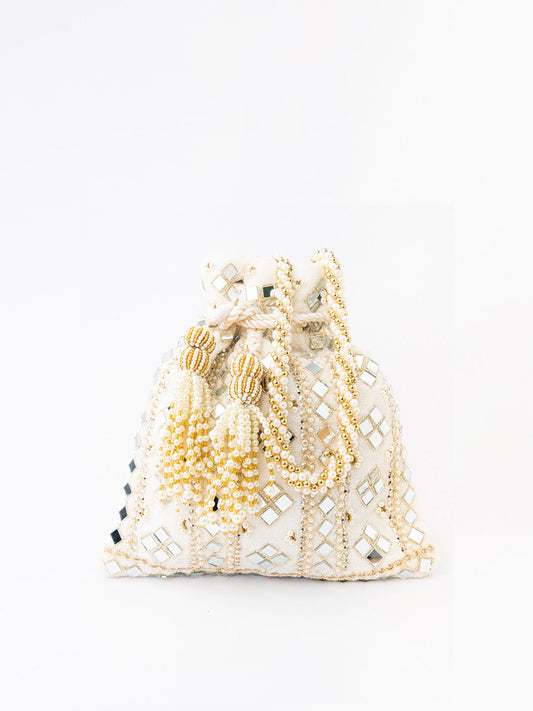 NR By Nidhi Rathi White Mirror Work Embroidered Potli Clutch - Grab2buy
