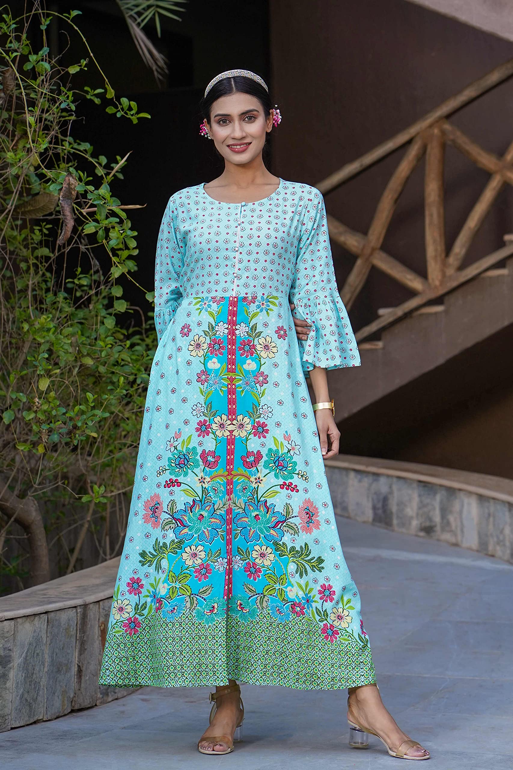 Juniper Women's Sky Blue Floral Printed Rayon Kurta With Buttons Closure At Back