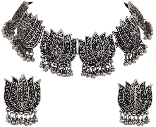 Silver-Plated Alloy Oxidised Lotus Petals Necklace - The Pari | Swadesiicart