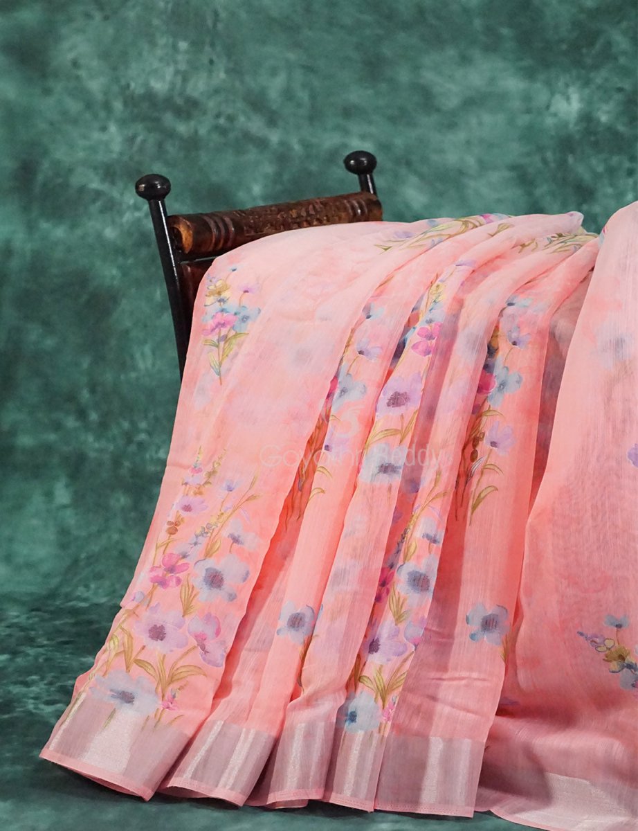Baby Peach Floral Print Semi Chanderi Grab2Buy By Gayathri Reddy Designer Studio 
