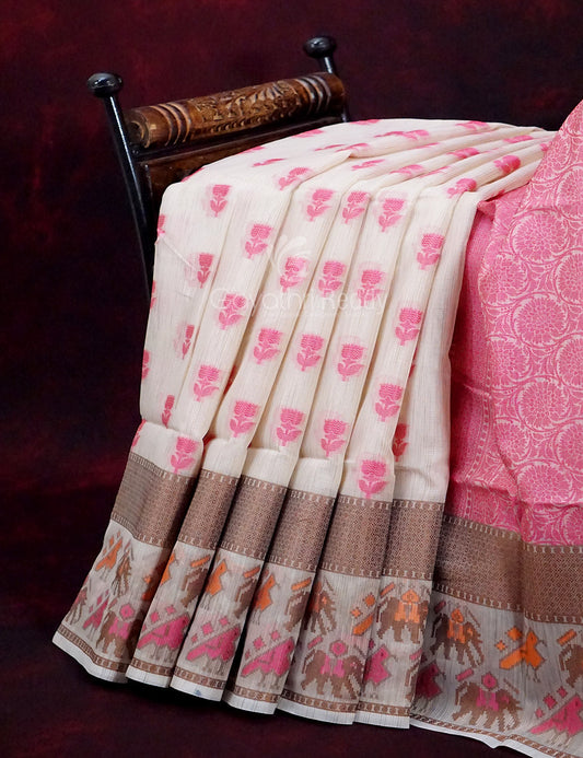 Combo of Cream and Pink with Floral Buttes Banarasi Munga Kota Saree By Gayathri Reddy Designer Studio - Grab2buy