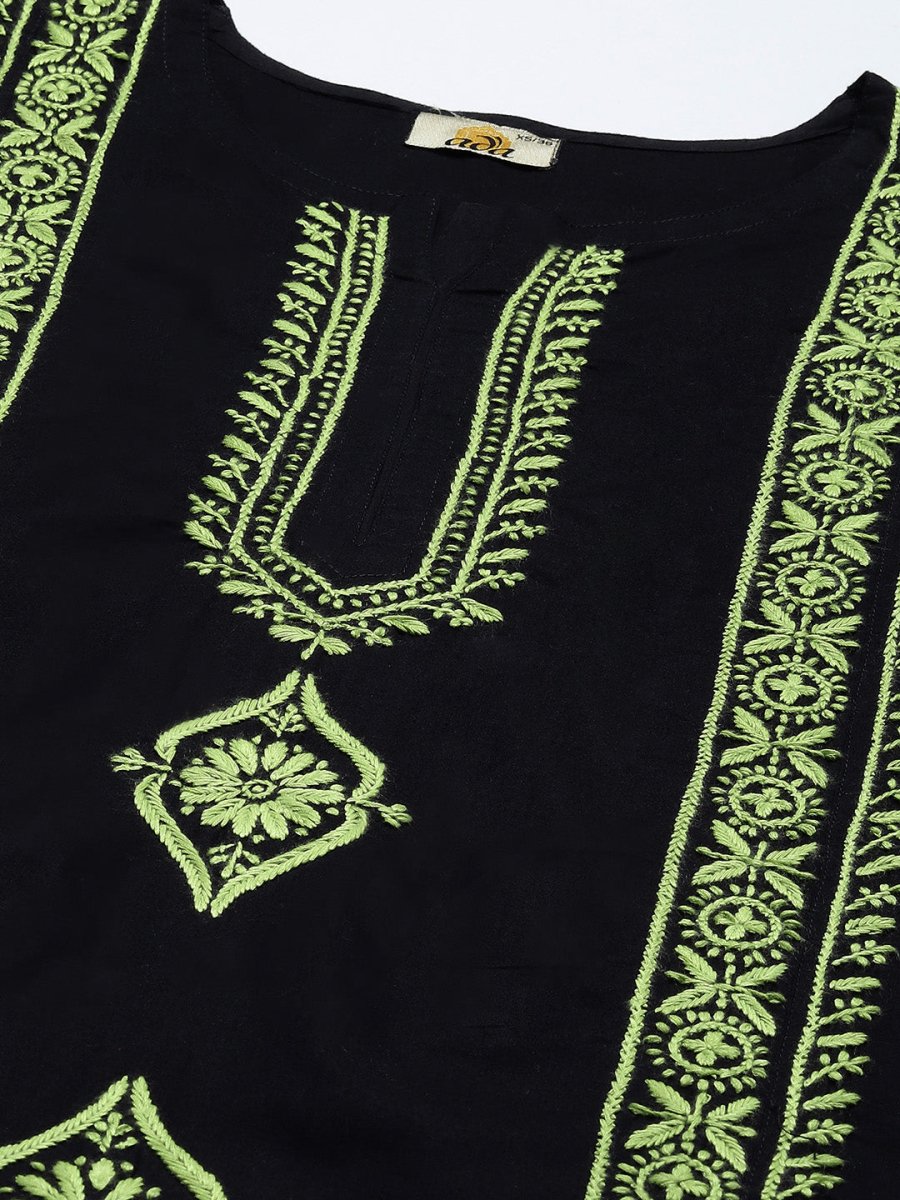 ADA Women Black & Green Ethnic Motifs Embroidered Chikankari Handloom Handloom Kurta 