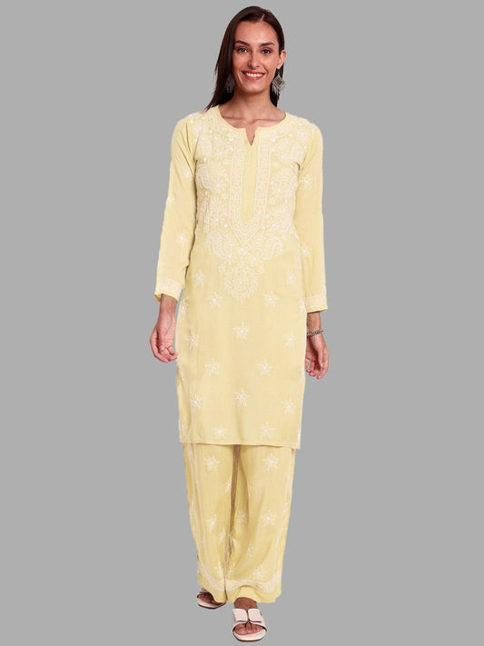 ADA Ethnic Motifs Embroidered Regular Chikankari Kurta with Palazzos 