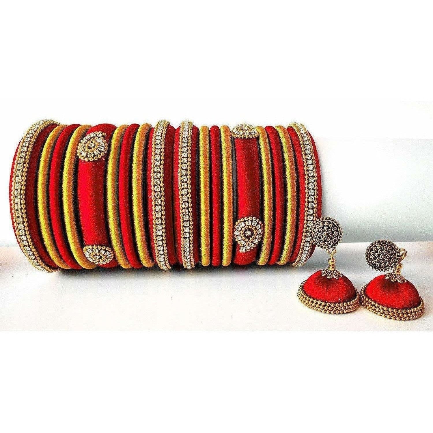 Red Grand Wedding Silk Thread Bangle Set with Jhumka Ear rings 