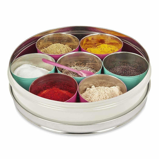 Stainless Steel Made Masala Box Spice Box Masala Dabba Container With Glass Lid 7 Compartments With 1 Spoon - Grab2buy