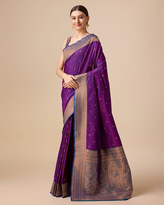 Monjolika Fashion Elegant Dark Purple Banarasi With Intricate Zari Work With Rich Brocade Patterns Silk Saree