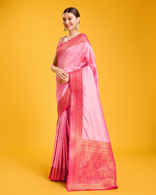 Monjolika Fashion Elegant Light Pink Banarasi With Intricate Zari Work With Rich Brocade Patterns Silk Saree
