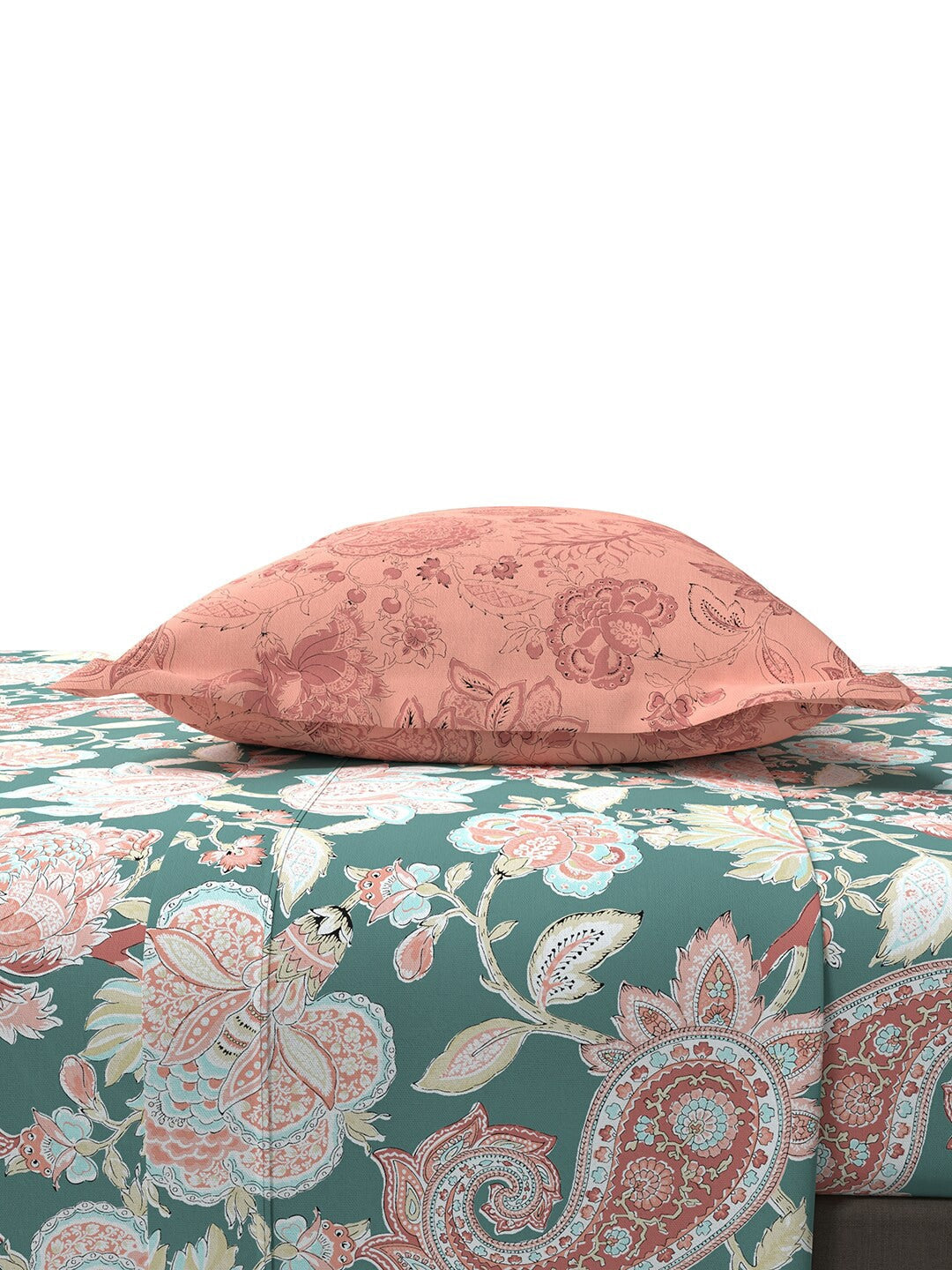 MYTRIDENT Green White Ethnic Motifs Cotton 144 TC Queen Bedsheet With 2 Pillow Covers 