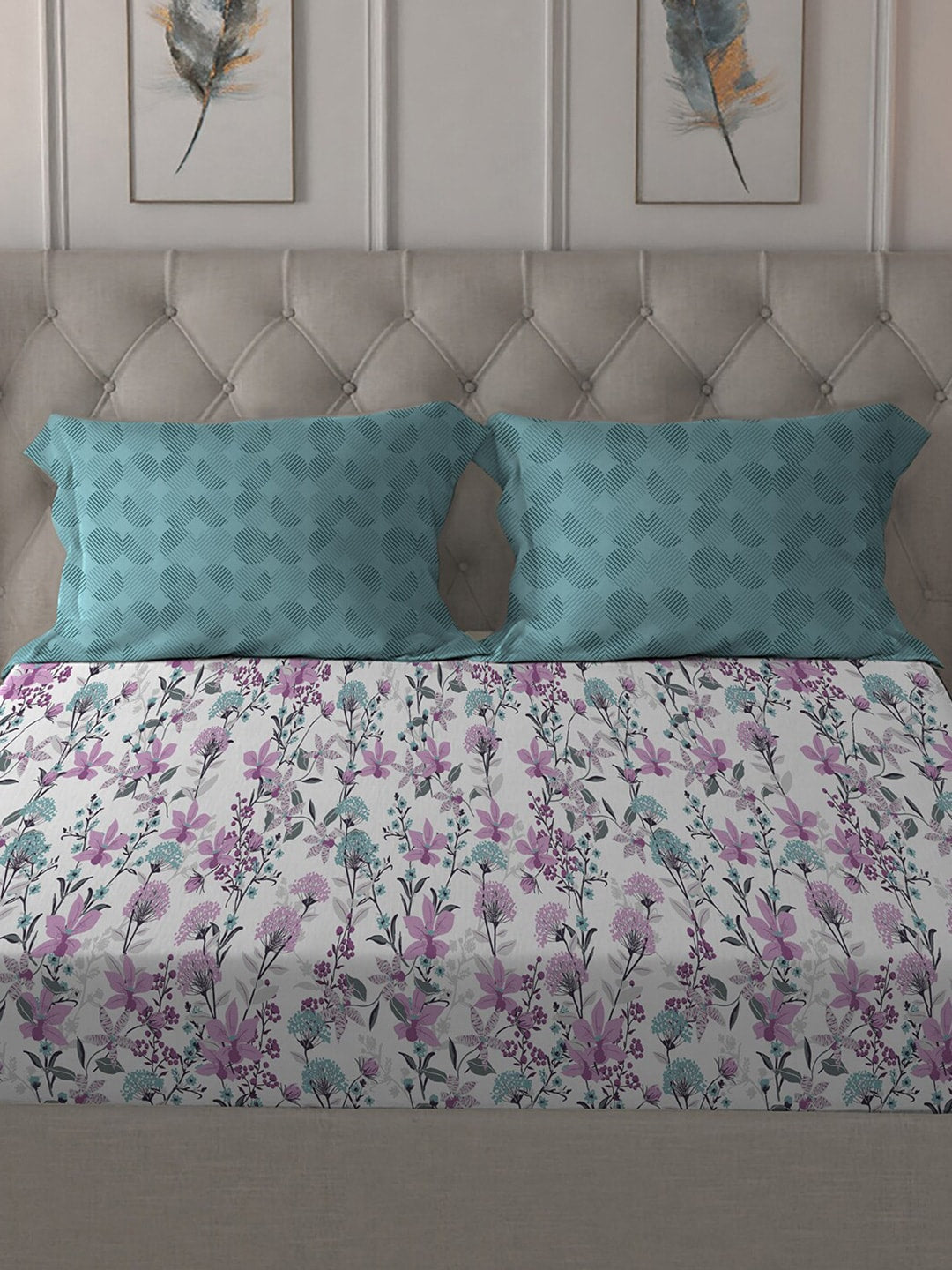 MYTRIDENT Violet White Floral Cotton 144 TC Queen Bedsheet With 2 Pillow Covers 