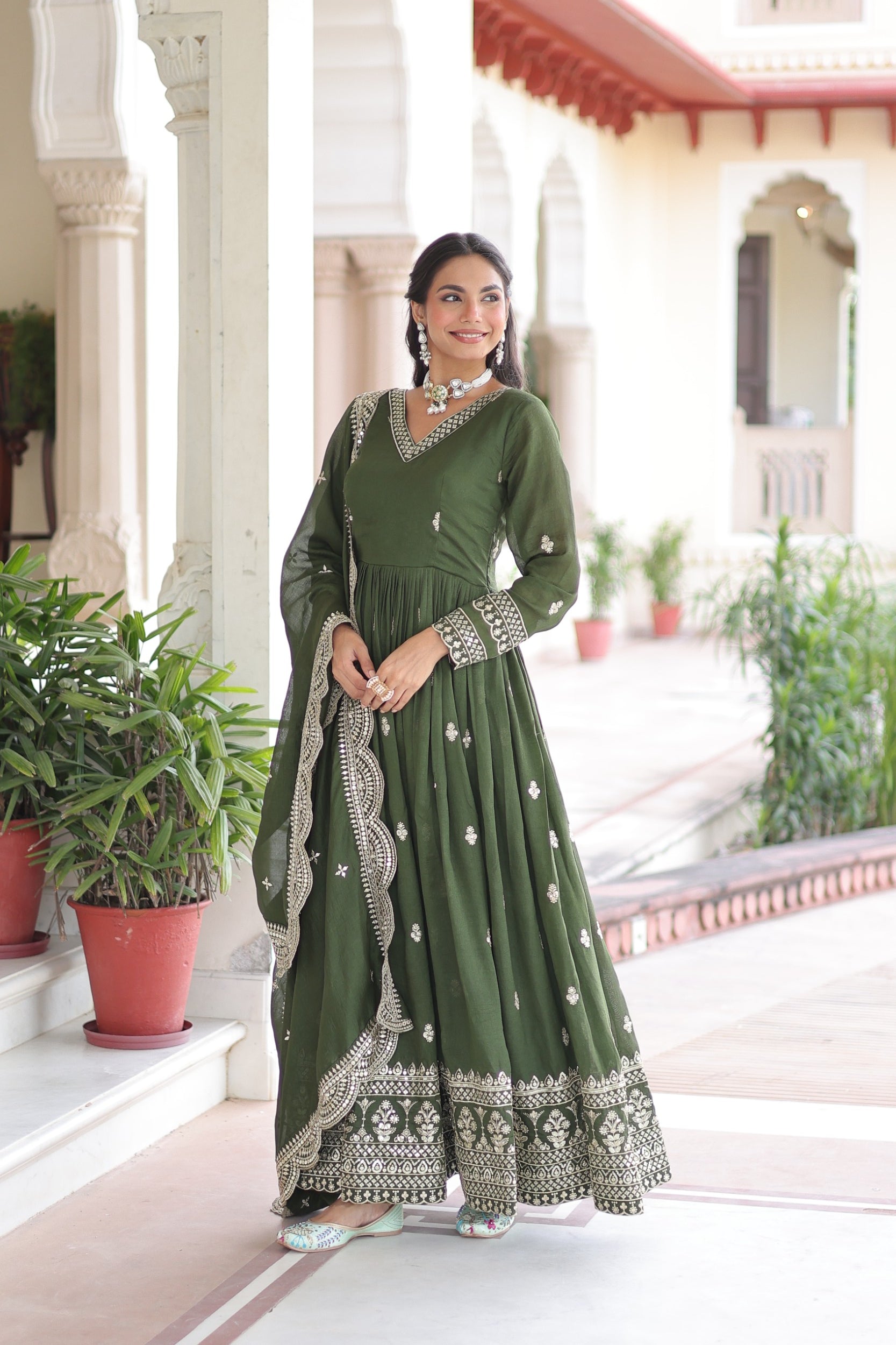 Lorenvalley Fashion Mehendi Vichitra Silk with Rich Sequins & Zari Embroidered work Anarkali Gown with Dupatta