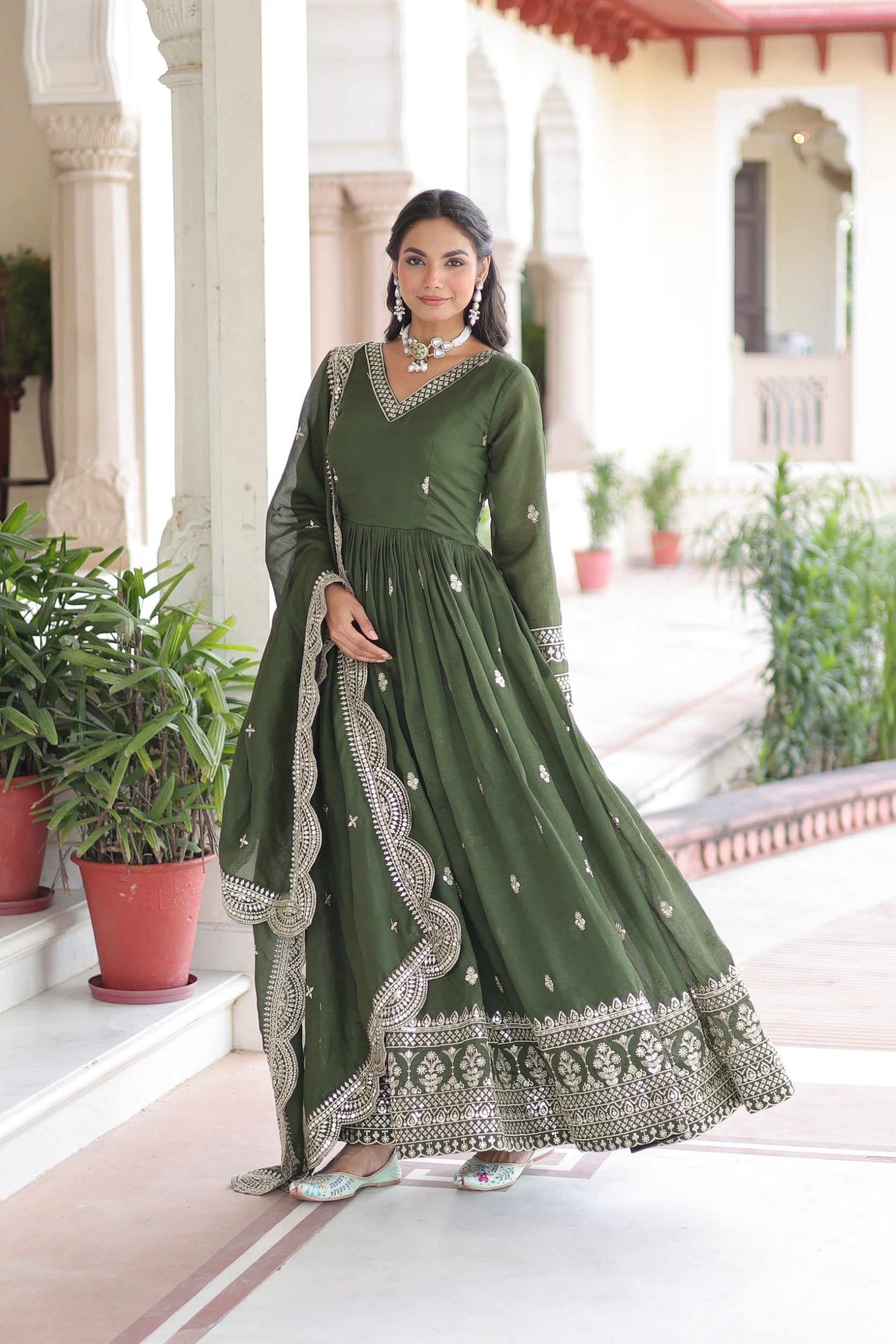 Lorenvalley Fashion Mehendi Vichitra Silk with Rich Sequins & Zari Embroidered work Anarkali Gown with Dupatta