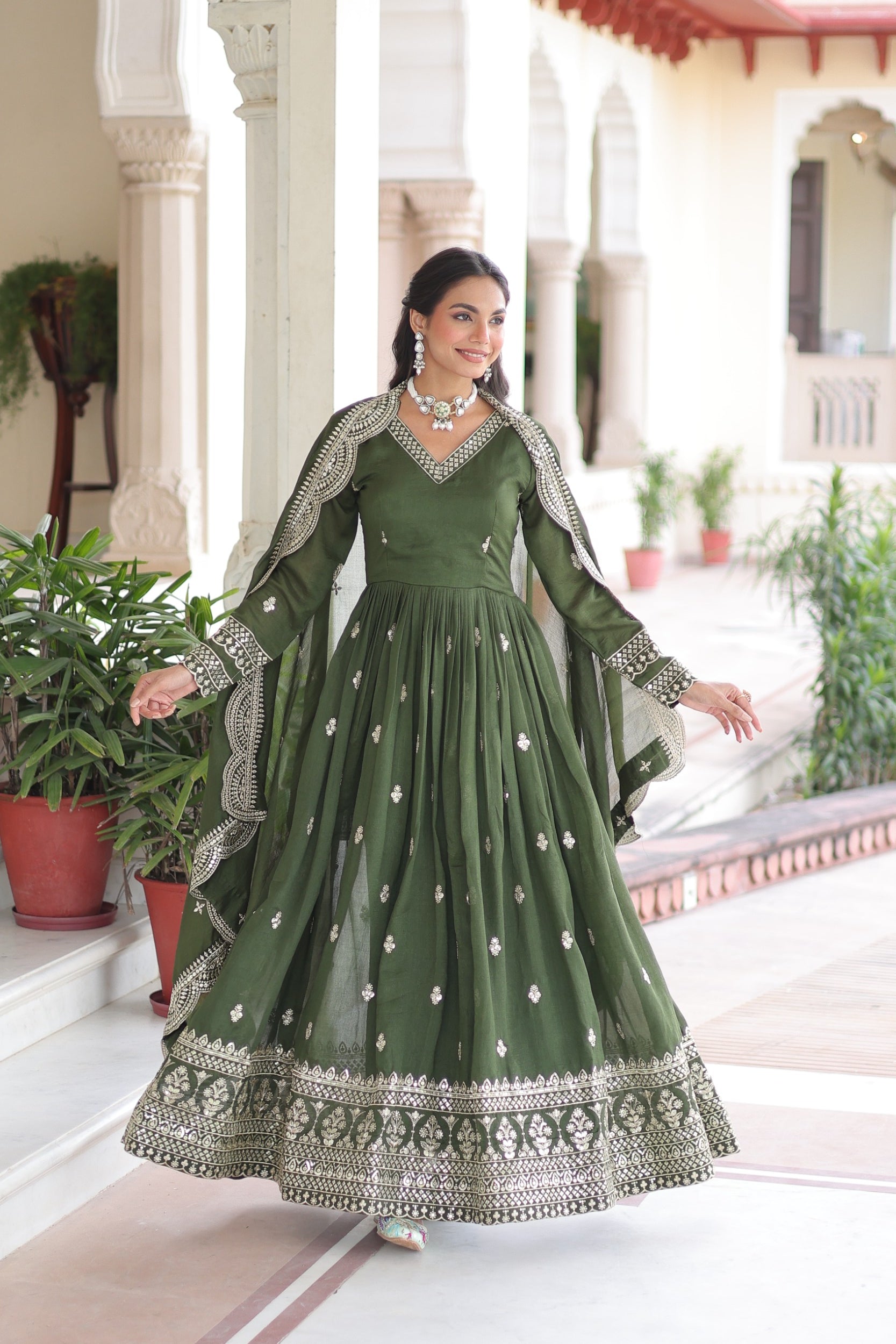 Lorenvalley Fashion Mehendi Vichitra Silk with Rich Sequins & Zari Embroidered work Anarkali Gown with Dupatta