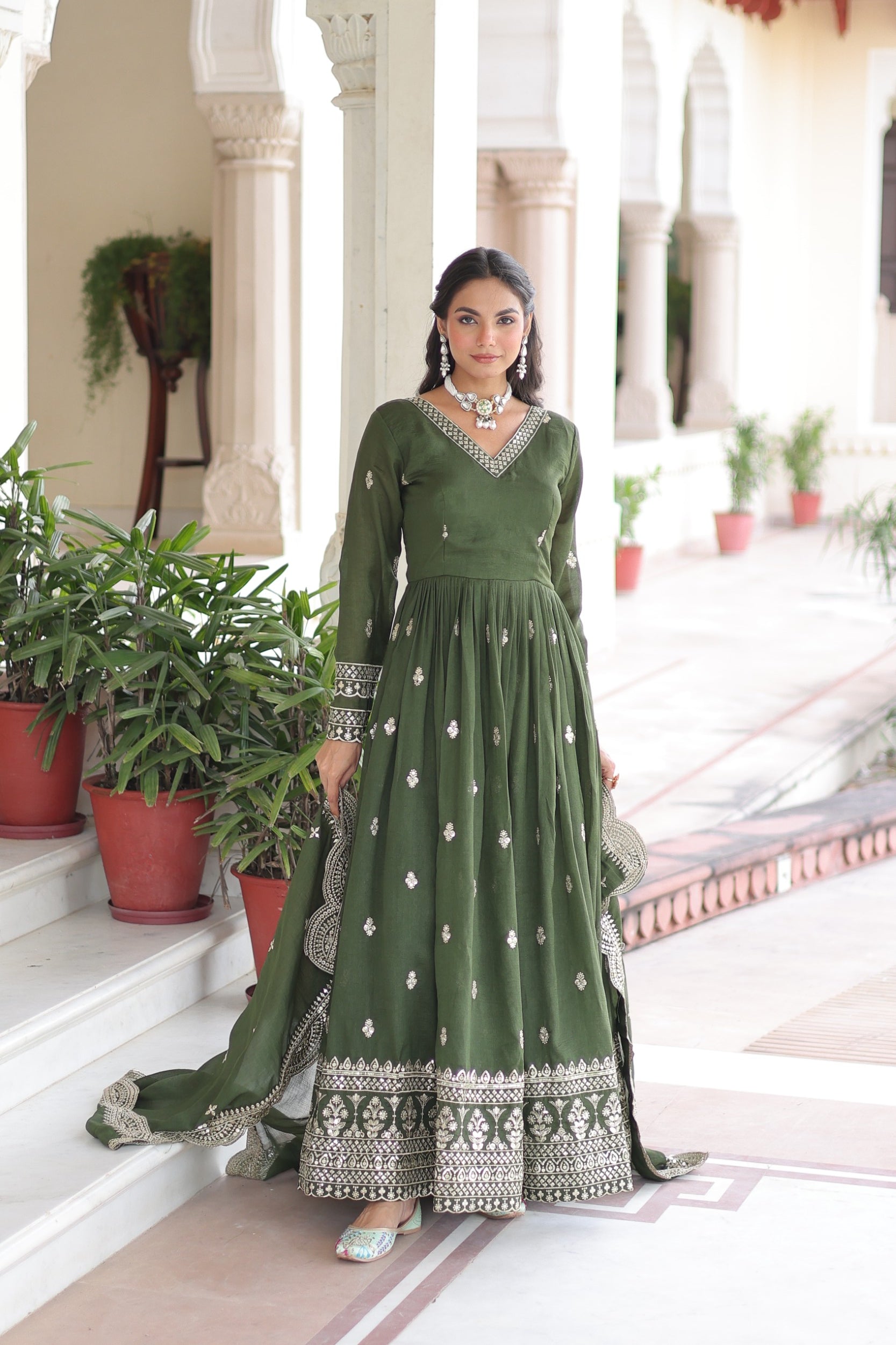 Lorenvalley Fashion Mehendi Vichitra Silk with Rich Sequins & Zari Embroidered work Anarkali Gown with Dupatta