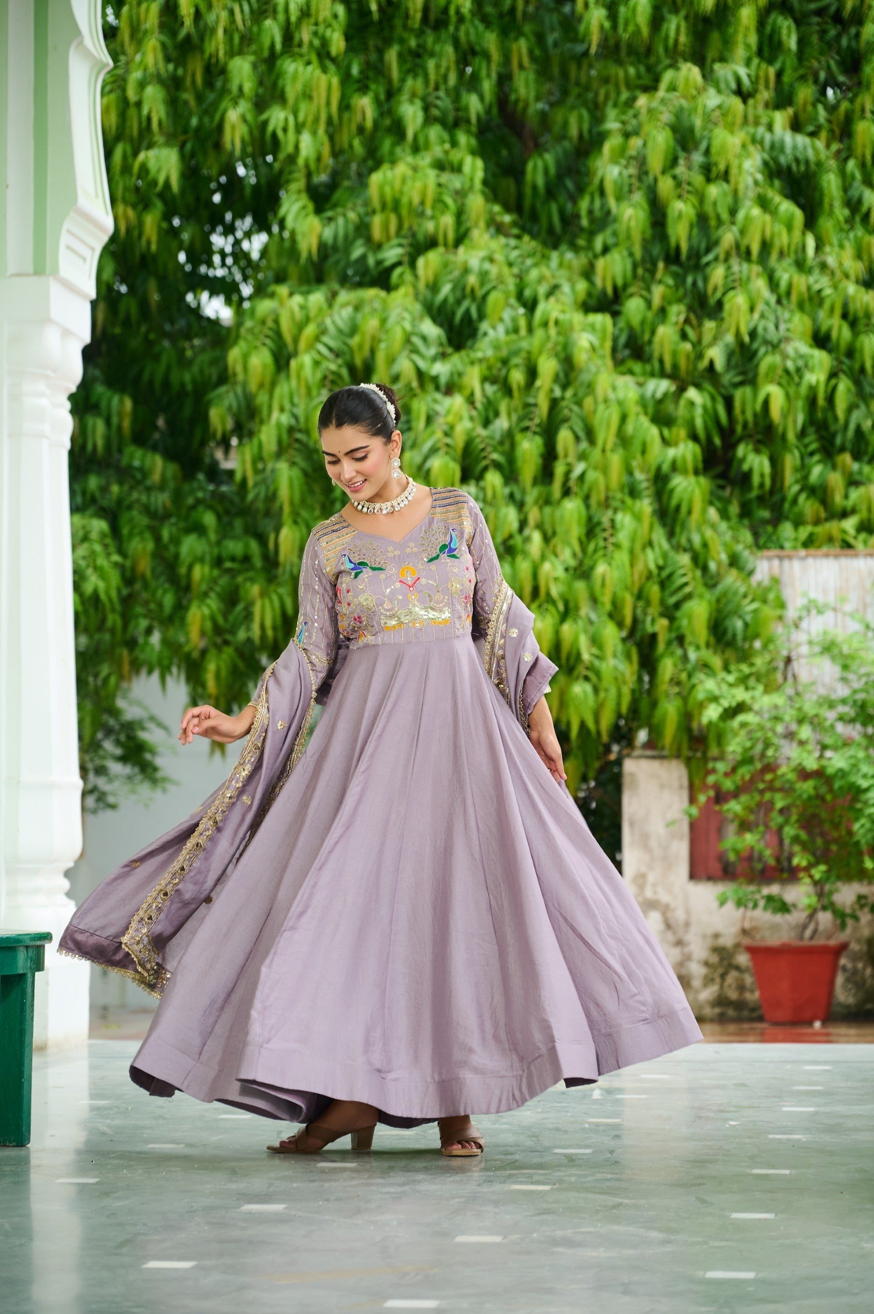 Lorenvalley Fashion Onionpink Vichitra Silk with Rich Sequins Multi Thread & Zari Embroidered work Anarkali Gown with Dupatta 