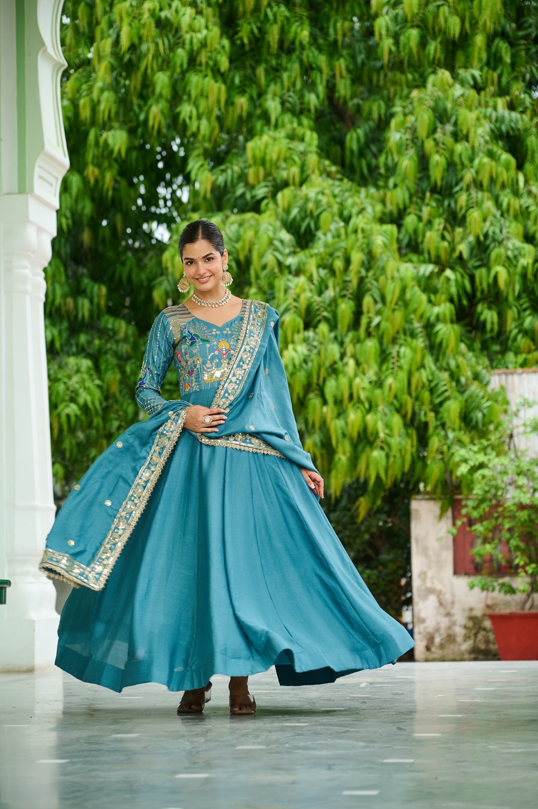 Lorenvalley Fashion Skyblue Vichitra Silk with Rich Sequins Multi Thread & Zari Embroidered work Anarkali Gown with Dupatta 
