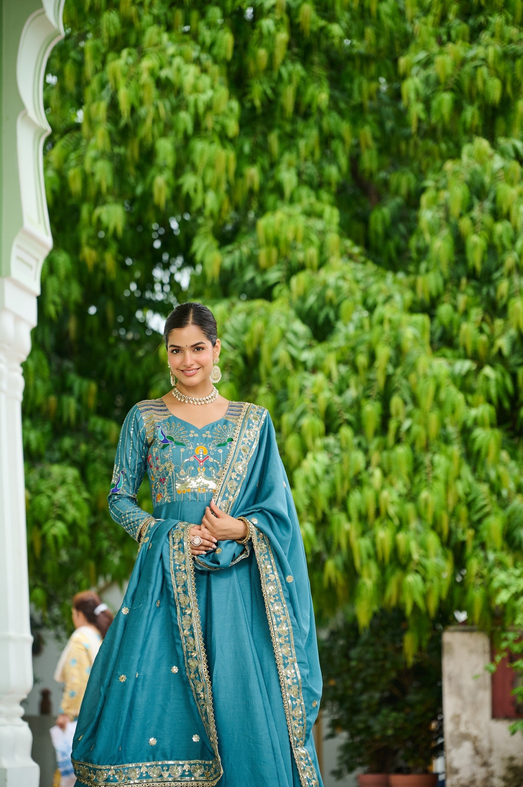 Lorenvalley Fashion Skyblue Vichitra Silk with Rich Sequins Multi Thread & Zari Embroidered work Anarkali Gown with Dupatta 
