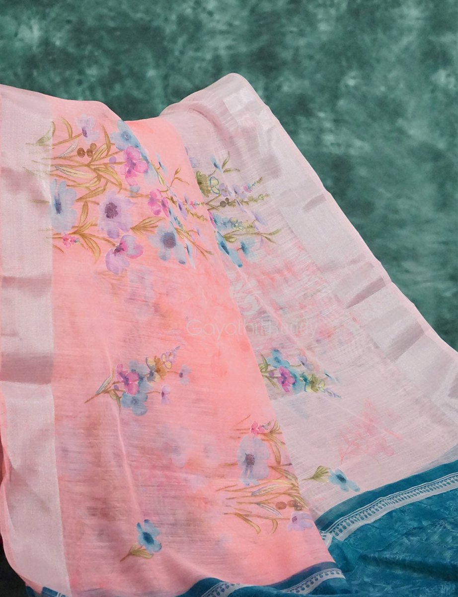 Baby Peach Floral Print Semi Chanderi Grab2Buy By Gayathri Reddy Designer Studio 