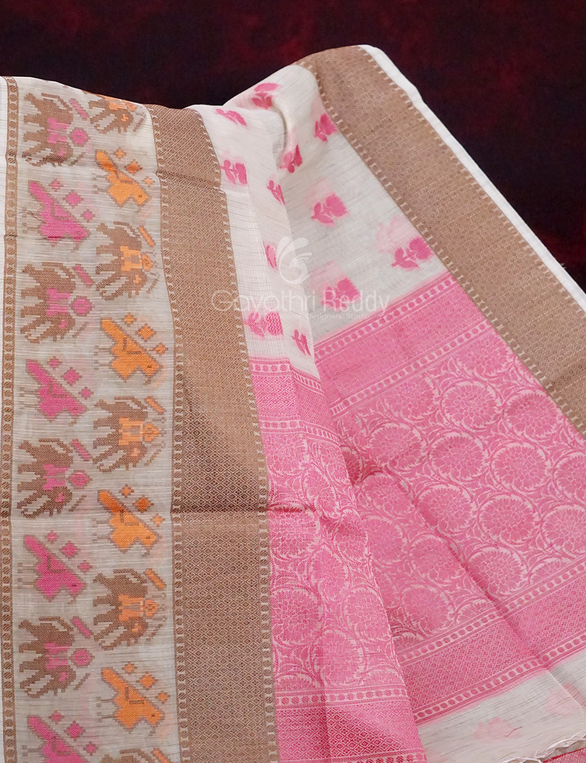 Combo of Cream and Pink with Floral Buttes Banarasi Munga Kota Saree By Gayathri Reddy Designer Studio - Grab2buy