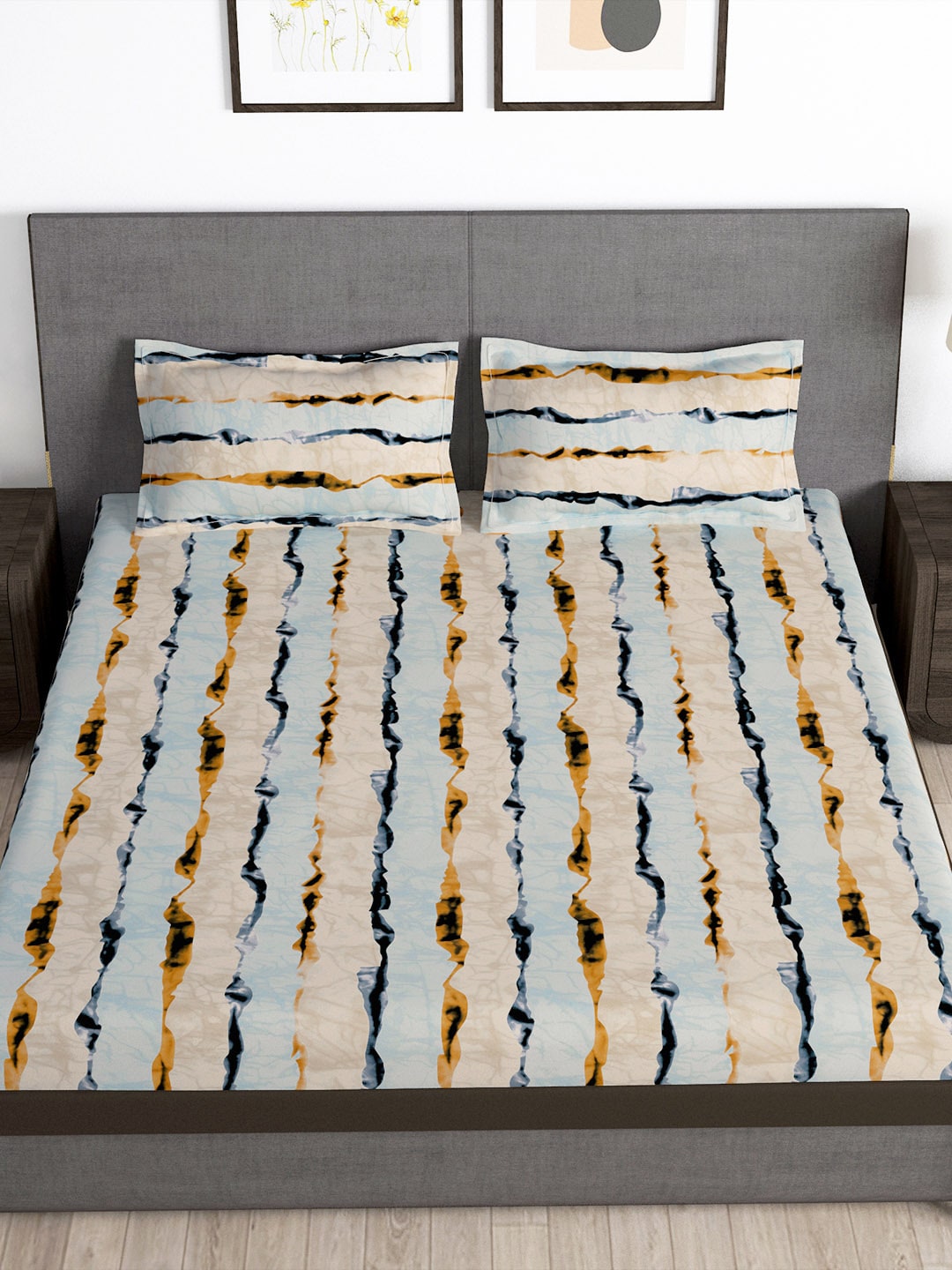 Story@home Arena Cream-Coloured & Grey Printed 180 TC Bedsheet & Pillow Covers 