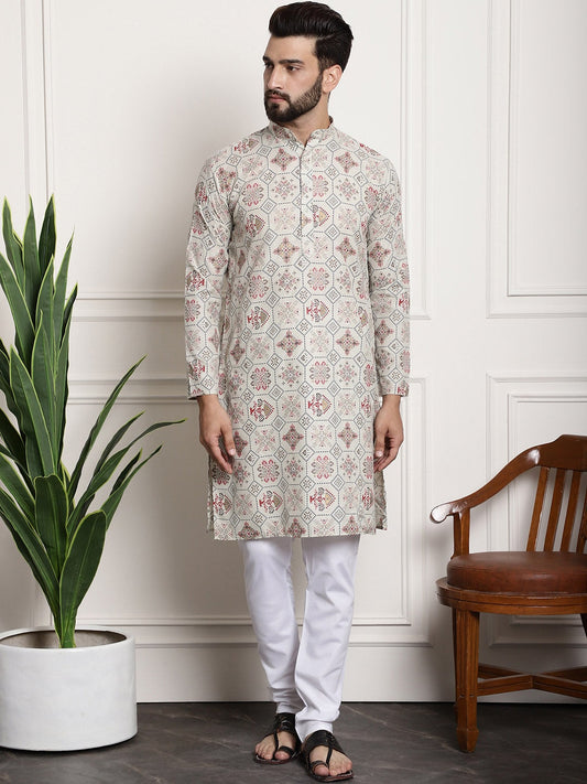Sojanya Men Beige Printed Cotton Linen Kurta with Churidar 