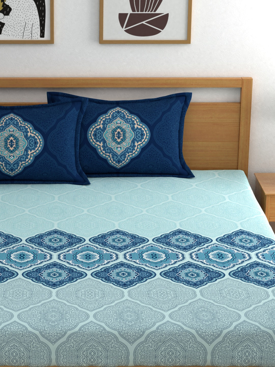 Dreamscape Blue Ethnic 144 TC Cotton Bedsheet with Reversible Pillow Covers 