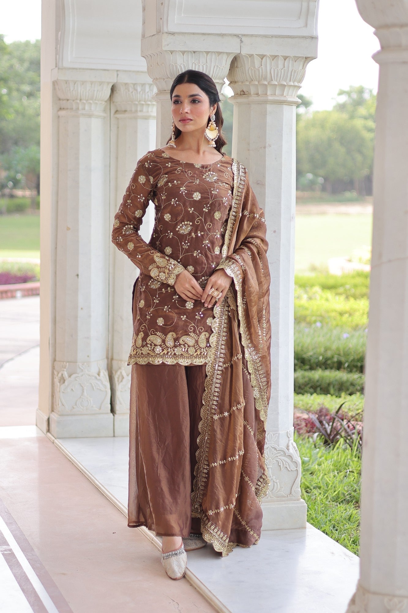 Lorenvalley Fashion Brown Fendy Satin with Rich Sequins Embroidered work Kurta Pant with Dupatta 