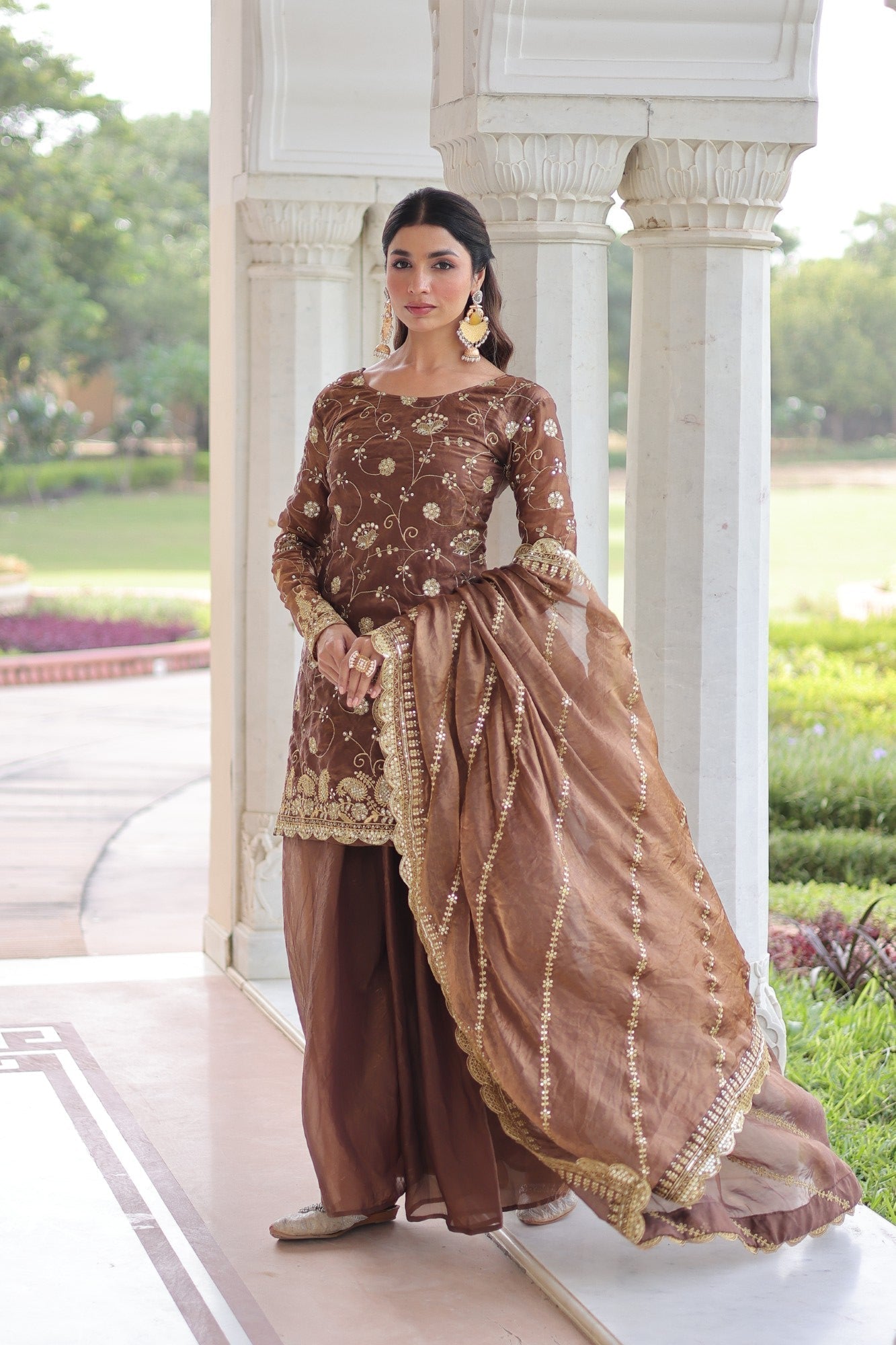 Lorenvalley Fashion Brown Fendy Satin with Rich Sequins Embroidered work Kurta Pant with Dupatta 