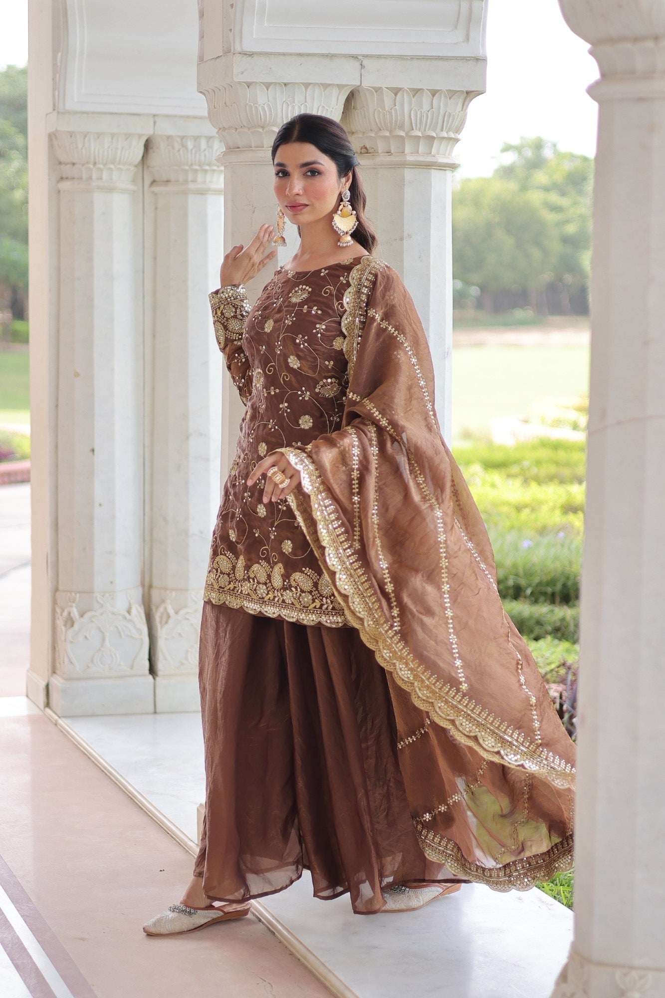 Lorenvalley Fashion Brown Fendy Satin with Rich Sequins Embroidered work Kurta Pant with Dupatta 