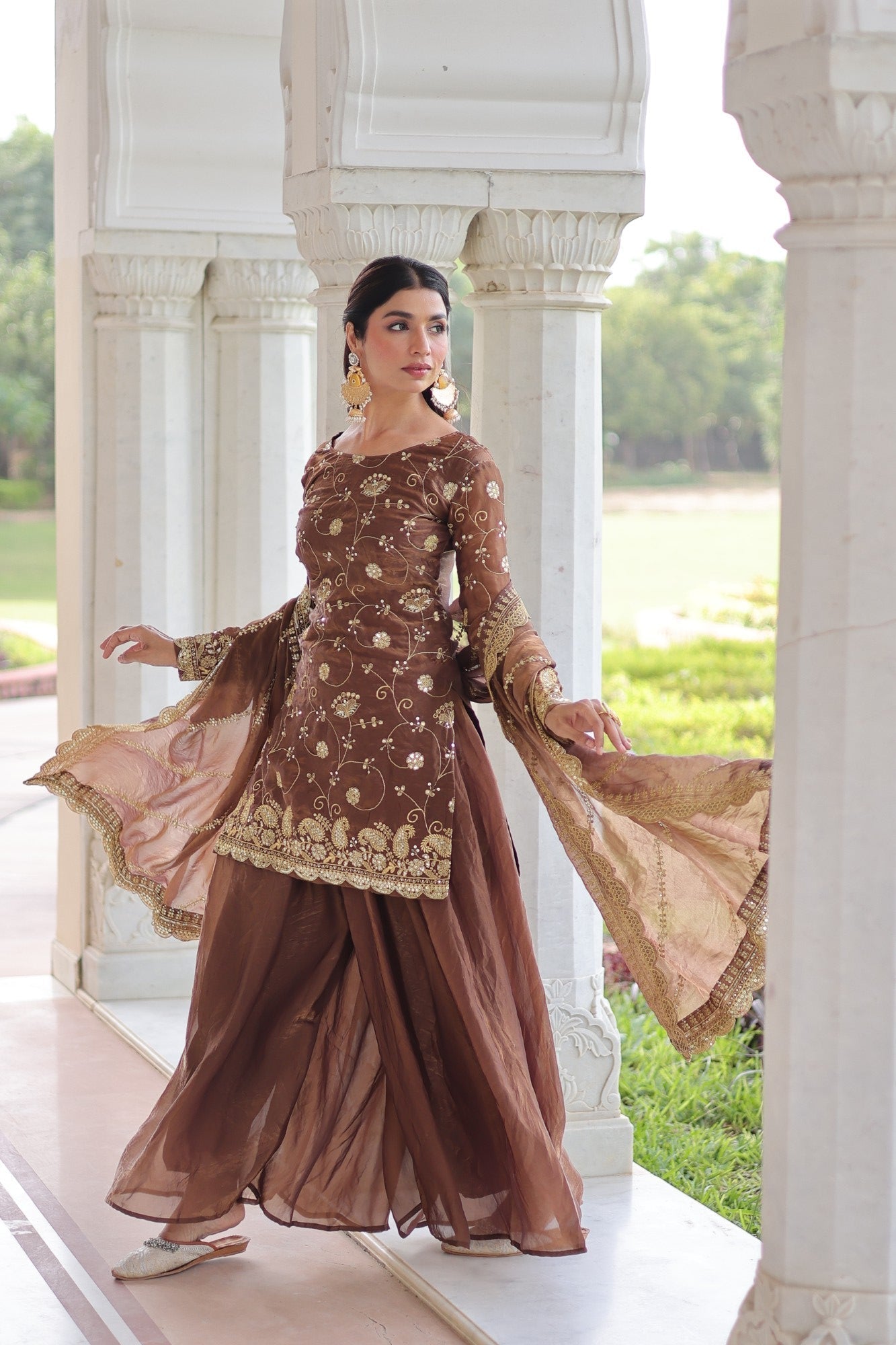 Lorenvalley Fashion Brown Fendy Satin with Rich Sequins Embroidered work Kurta Pant with Dupatta 