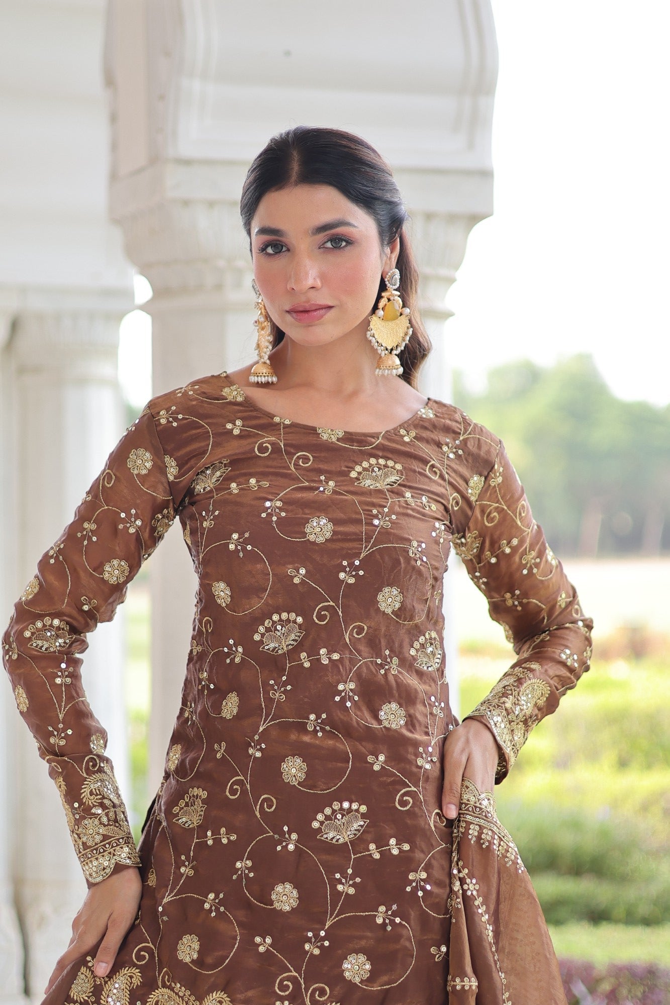 Lorenvalley Fashion Brown Fendy Satin with Rich Sequins Embroidered work Kurta Pant with Dupatta 