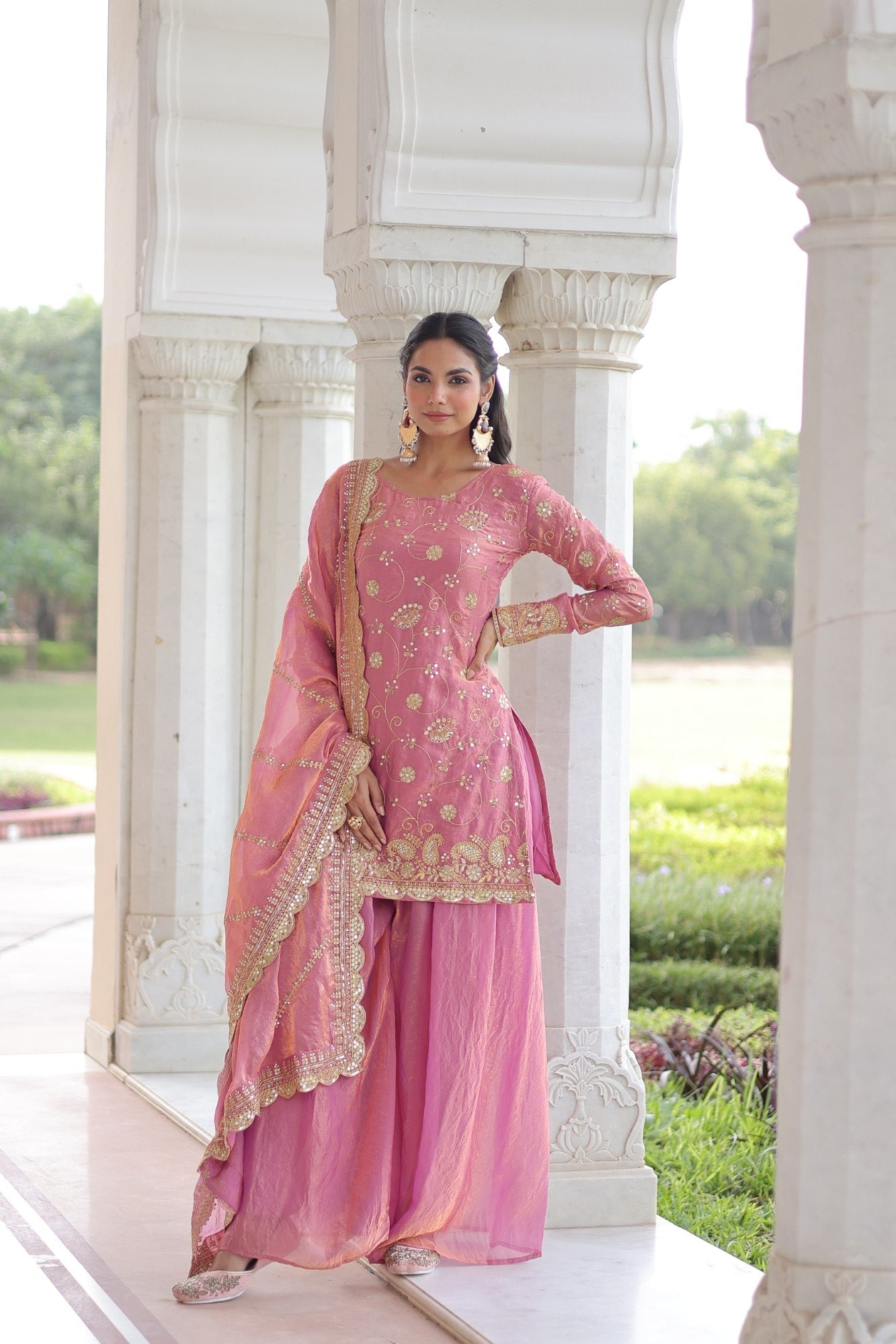 Lorenvalley Fashion Pink Fendy Satin with Rich Sequins Embroidered work Kurta Pant with Dupatta 