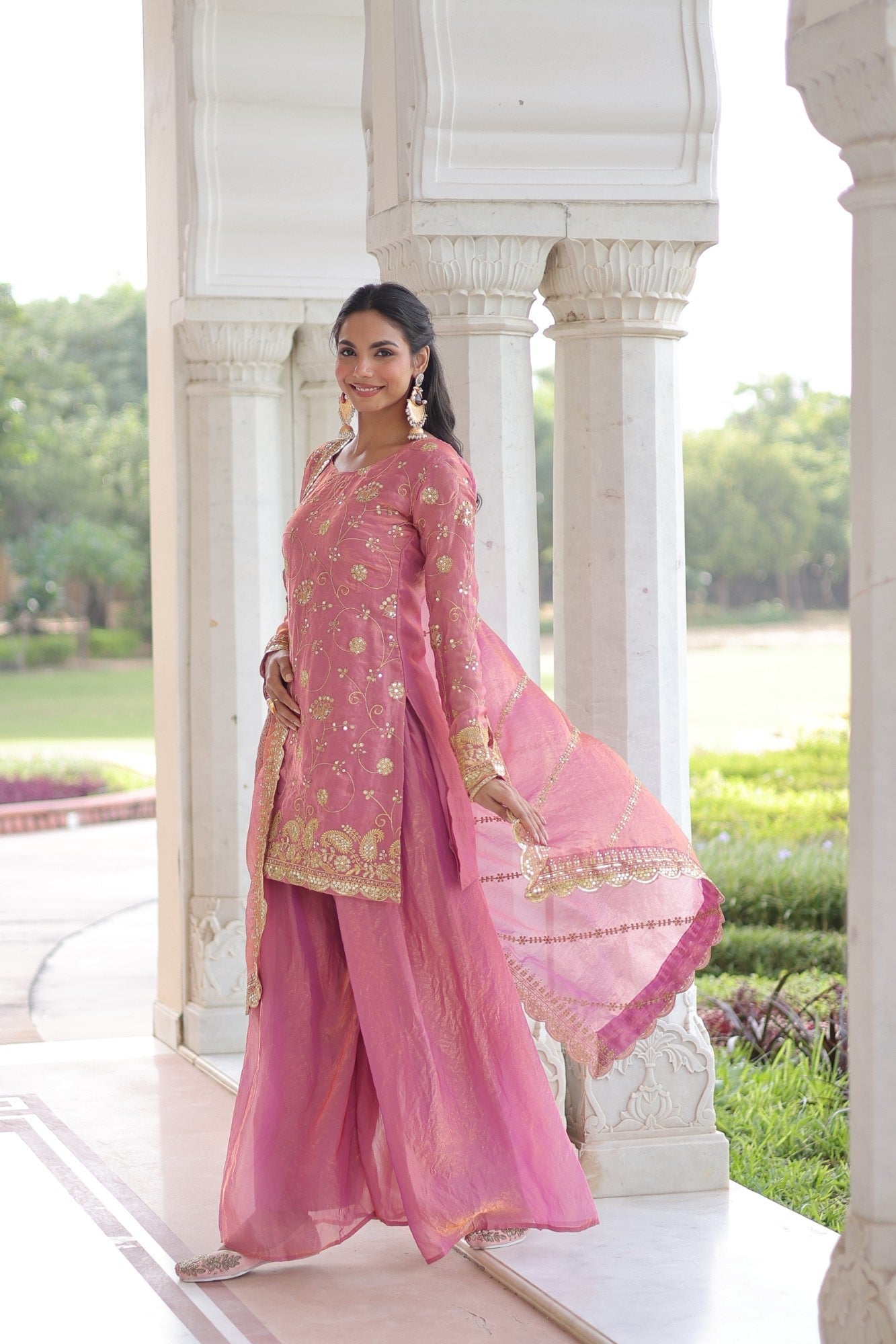 Lorenvalley Fashion Pink Fendy Satin with Rich Sequins Embroidered work Kurta Pant with Dupatta 