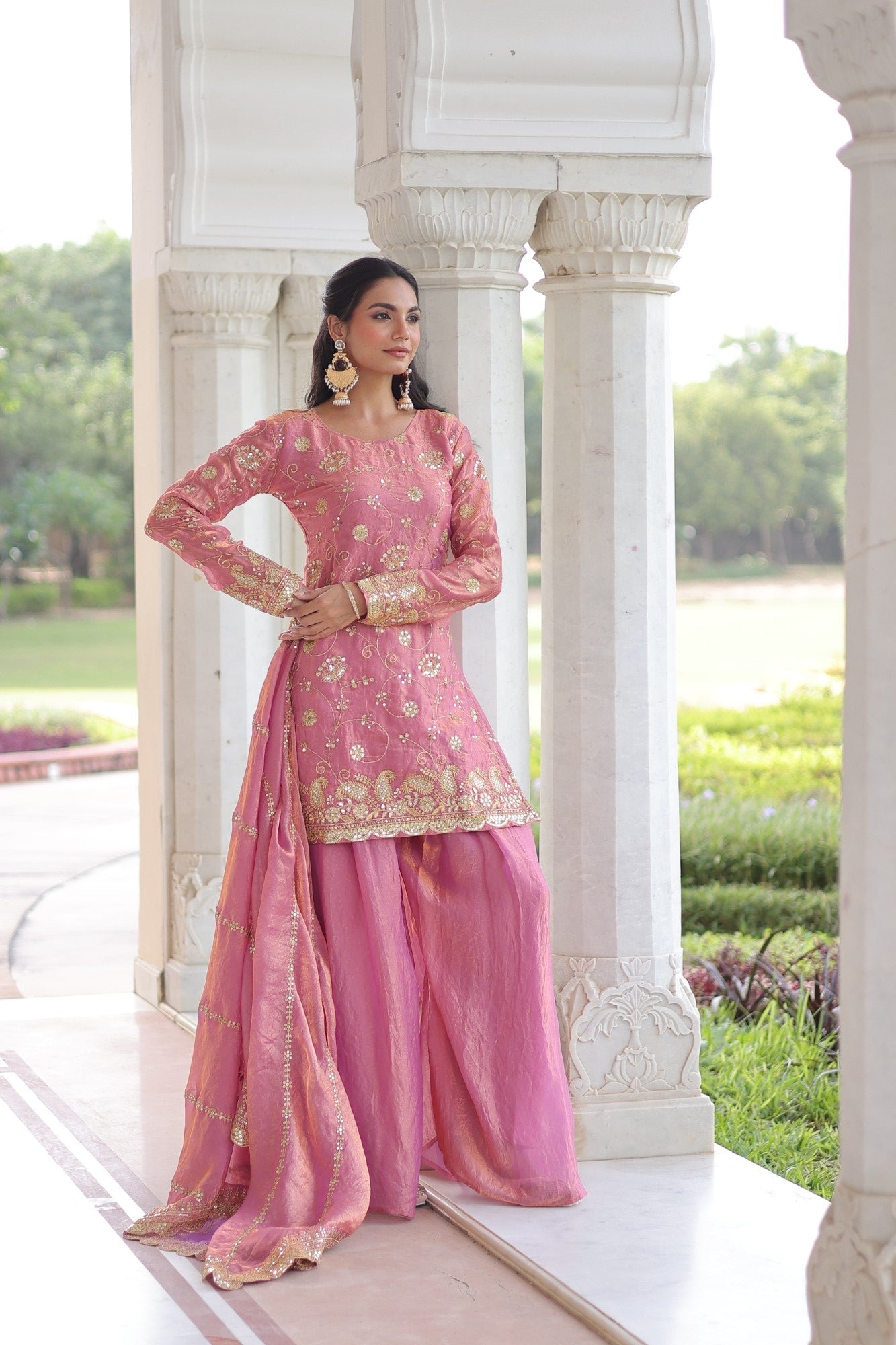 Lorenvalley Fashion Pink Fendy Satin with Rich Sequins Embroidered work Kurta Pant with Dupatta 