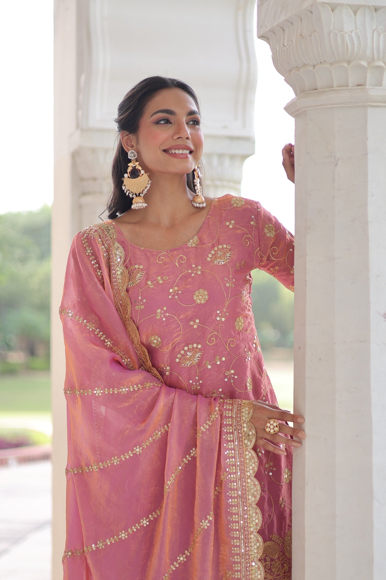 Lorenvalley Fashion Pink Fendy Satin with Rich Sequins Embroidered work Kurta Pant with Dupatta 