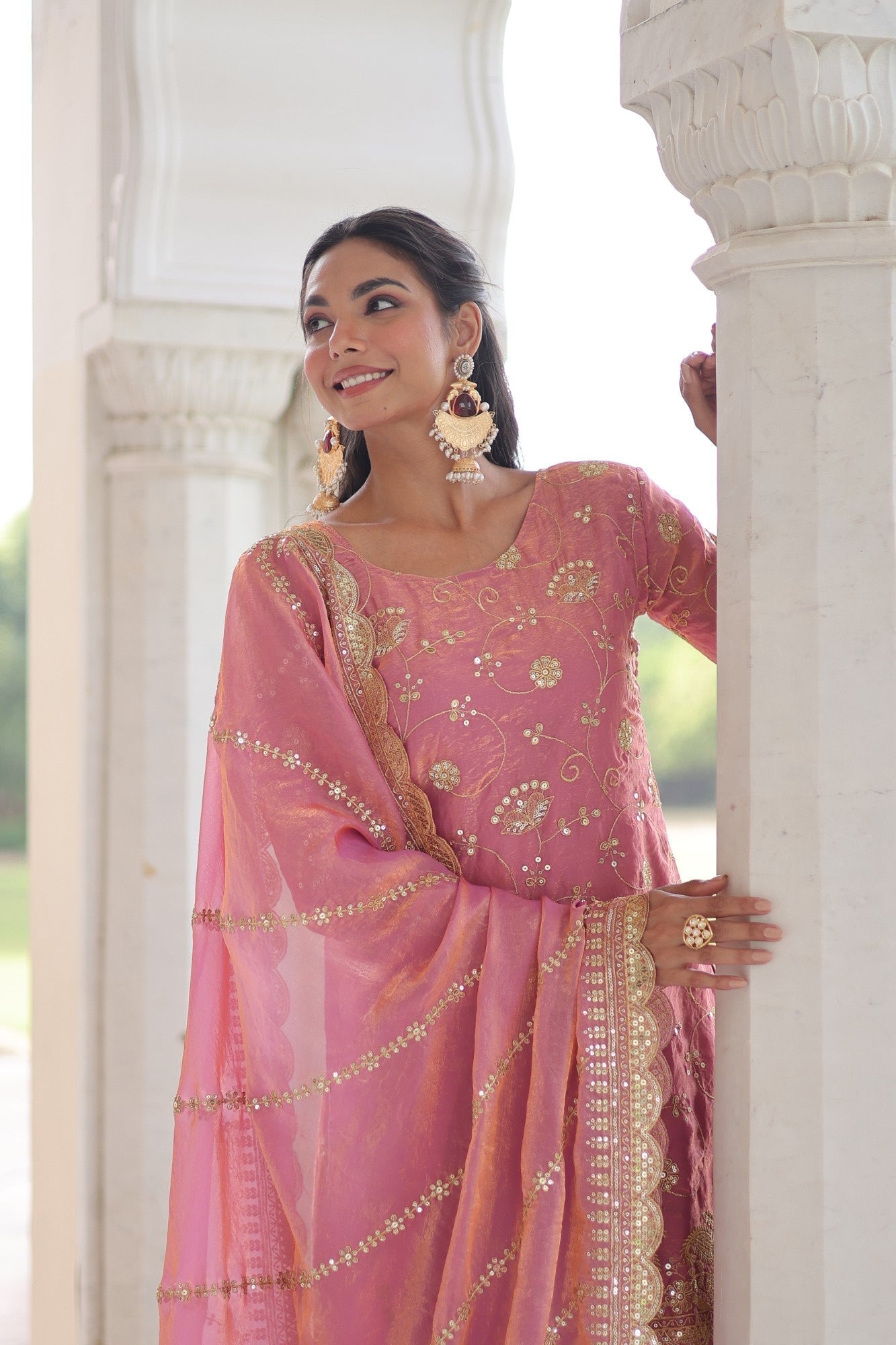 Lorenvalley Fashion Pink Fendy Satin with Rich Sequins Embroidered work Kurta Pant with Dupatta 
