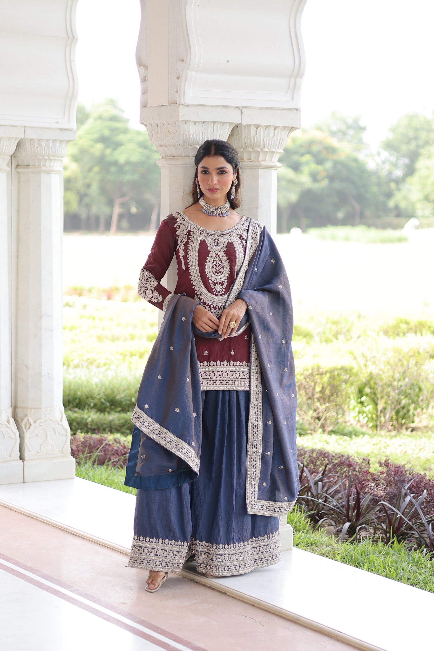 Lorenvalley Fashion Maroon NC Silk With Sequins and Coding Embroidered work Kurta Sharara with Dupatta