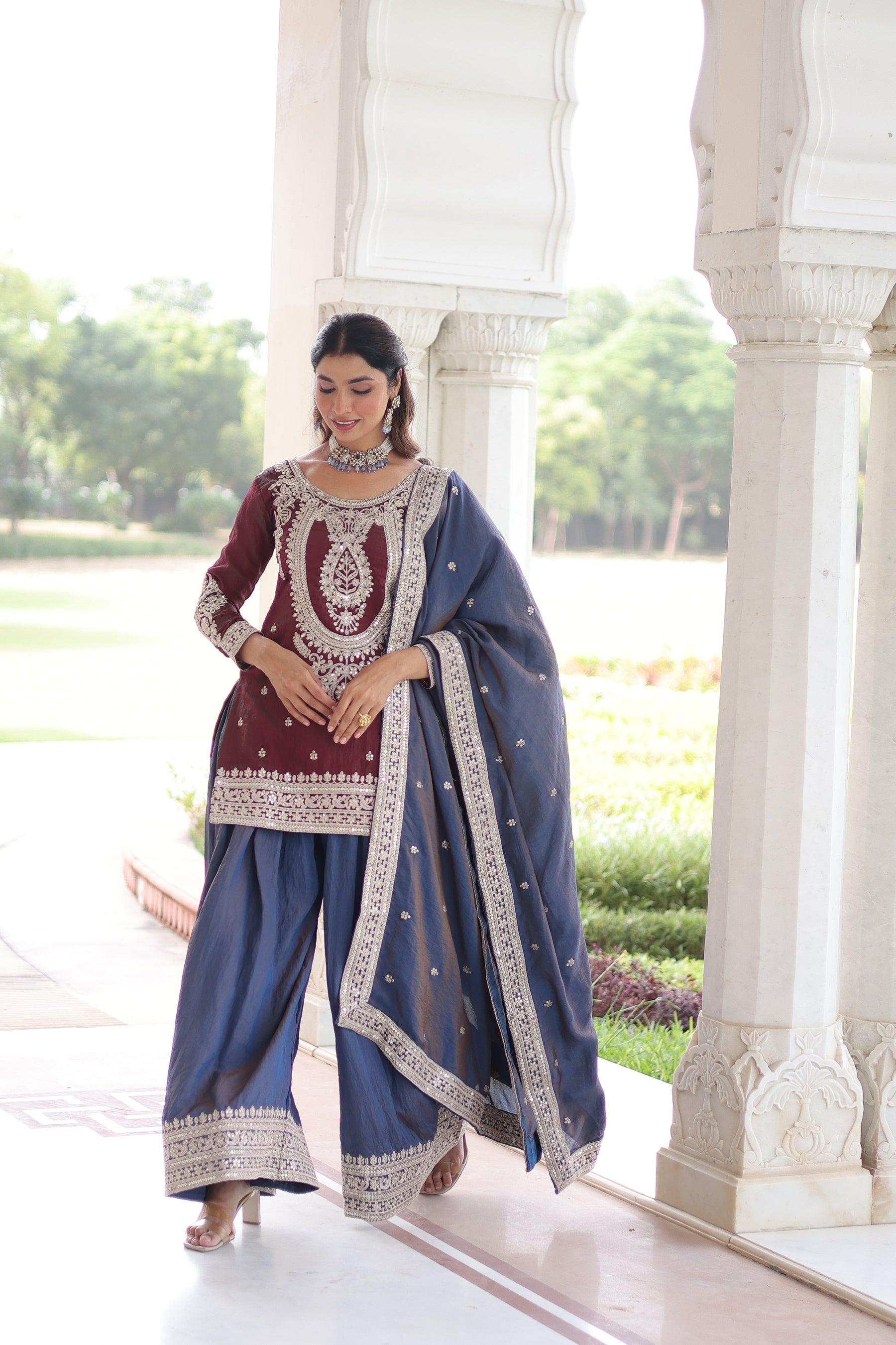 Lorenvalley Fashion Maroon NC Silk With Sequins and Coding Embroidered work Kurta Sharara with Dupatta