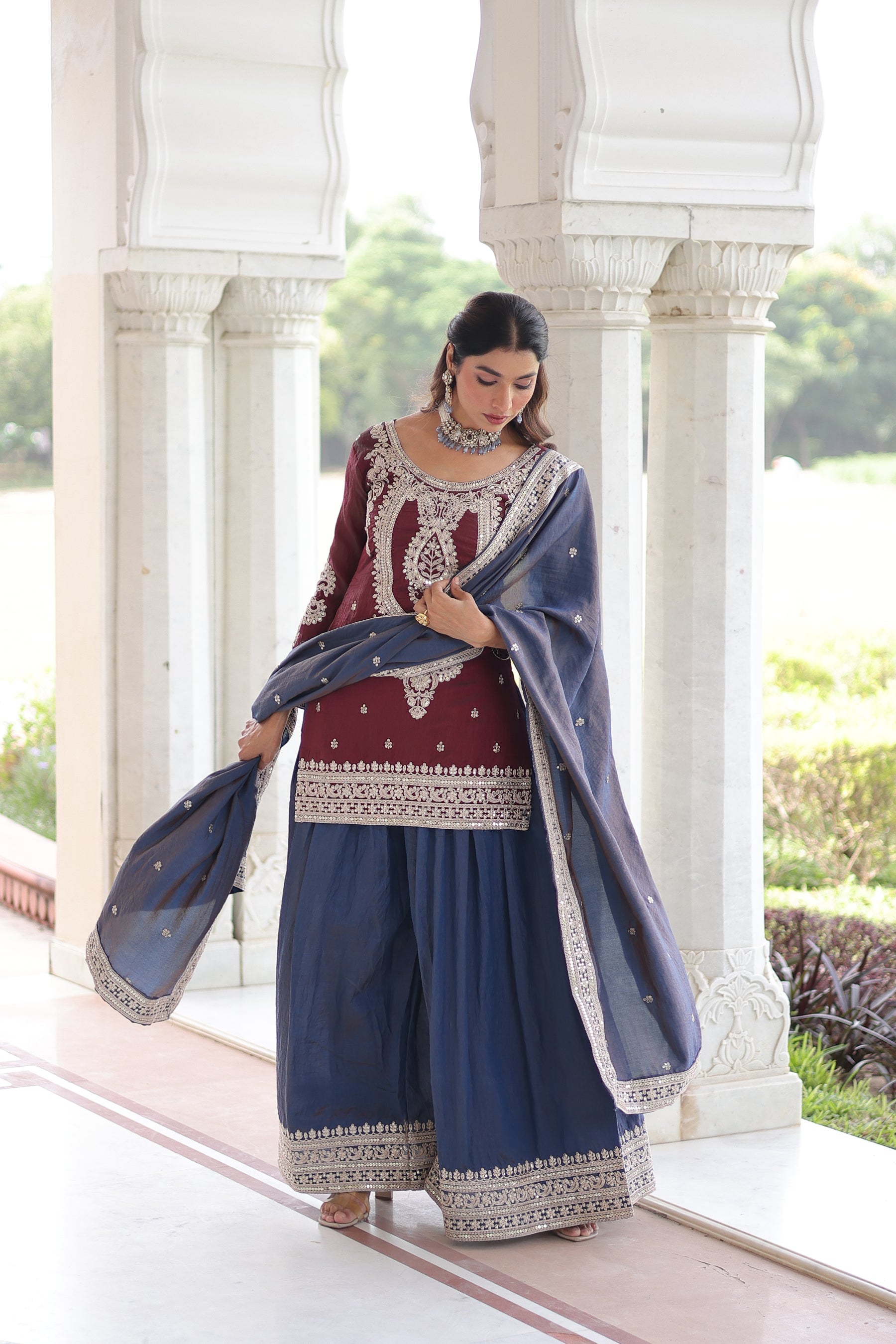 Lorenvalley Fashion Maroon NC Silk With Sequins and Coding Embroidered work Kurta Sharara with Dupatta