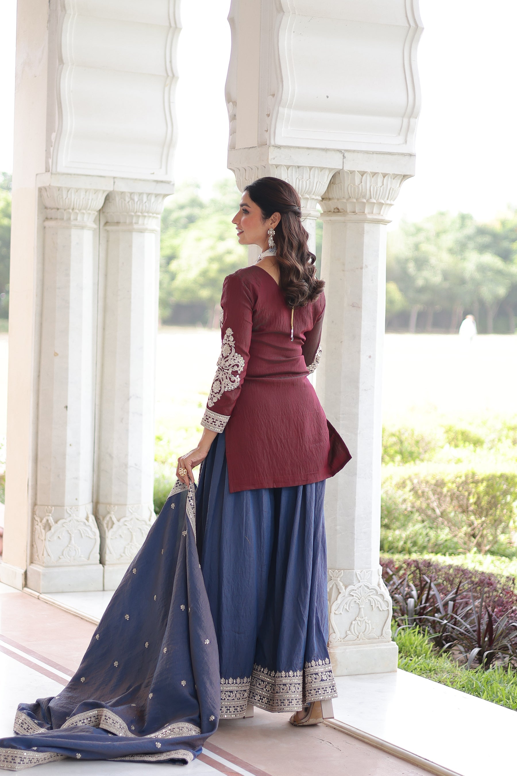 Lorenvalley Fashion Maroon NC Silk With Sequins and Coding Embroidered work Kurta Sharara with Dupatta