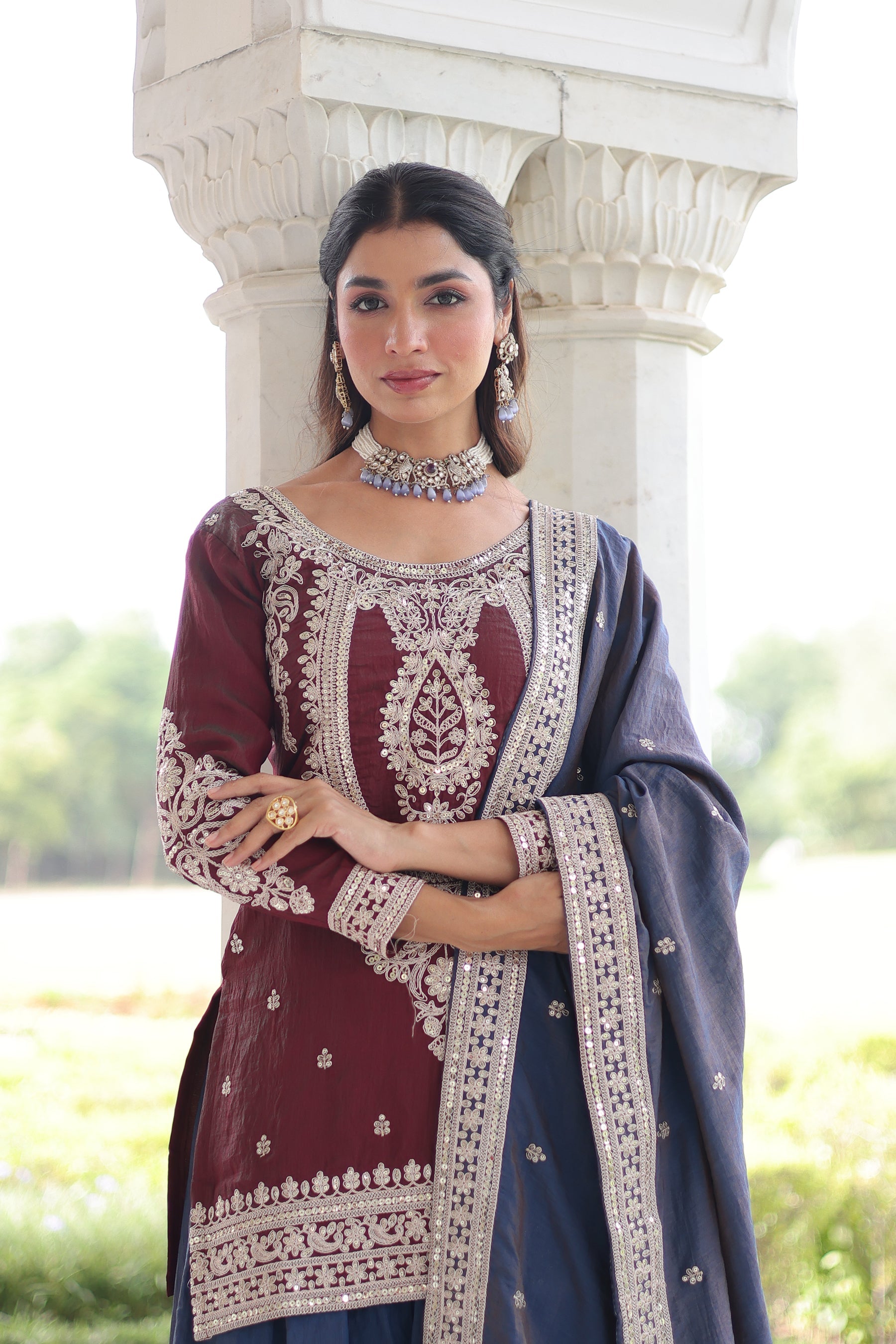 Lorenvalley Fashion Maroon NC Silk With Sequins and Coding Embroidered work Kurta Sharara with Dupatta