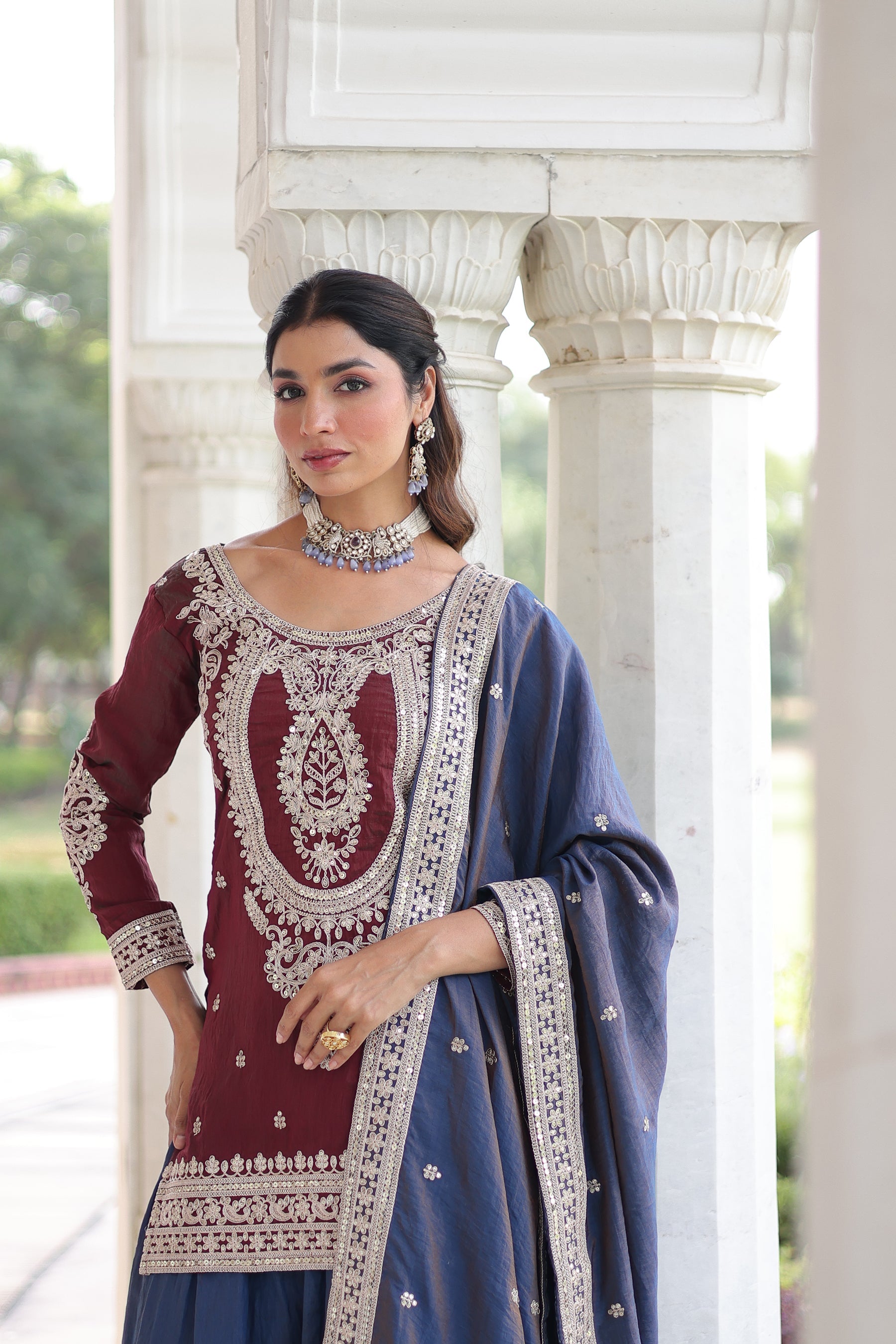 Lorenvalley Fashion Maroon NC Silk With Sequins and Coding Embroidered work Kurta Sharara with Dupatta