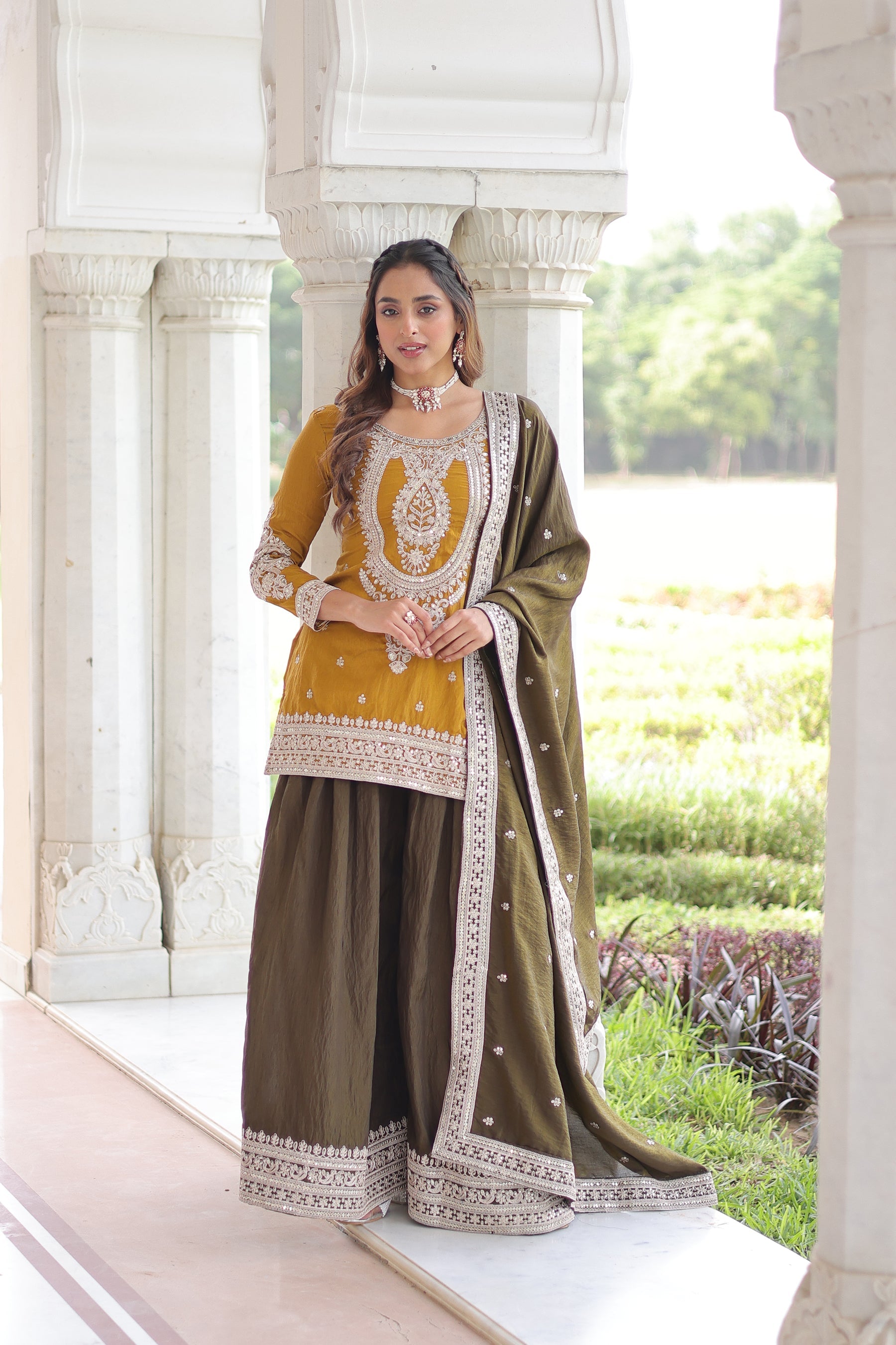 Lorenvalley Fashion Yellow NC Silk With Sequins and Coding Embroidered work Kurta Sharara with Dupatta