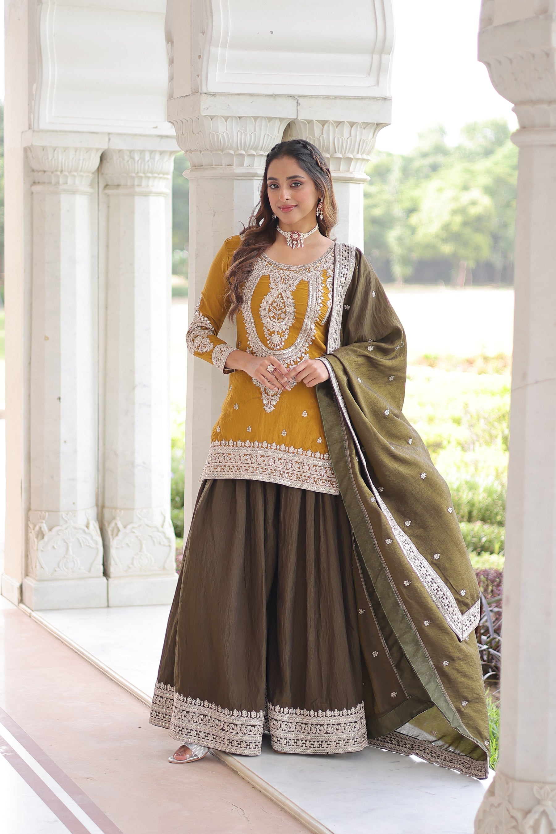 Lorenvalley Fashion Yellow NC Silk With Sequins and Coding Embroidered work Kurta Sharara with Dupatta