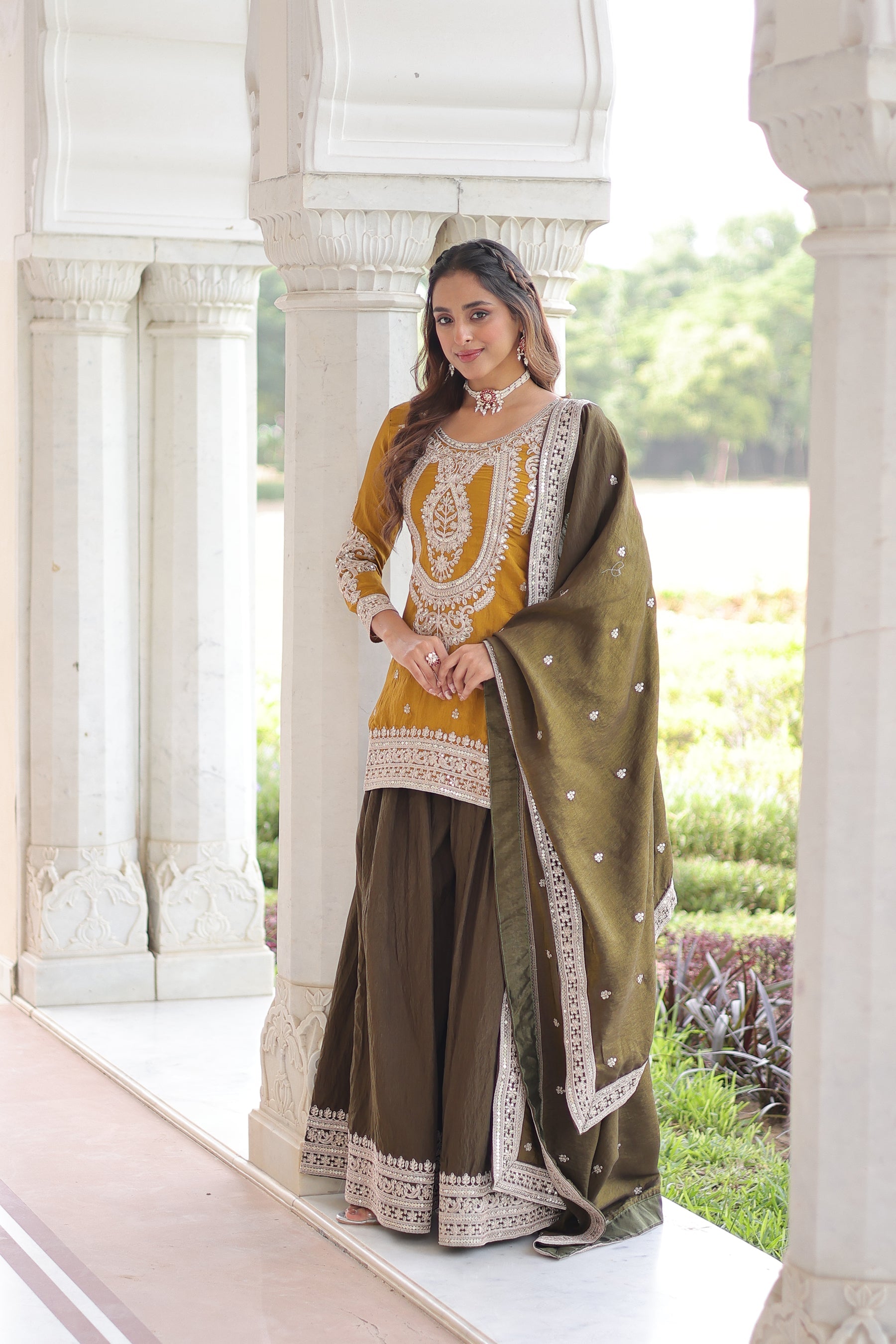 Lorenvalley Fashion Yellow NC Silk With Sequins and Coding Embroidered work Kurta Sharara with Dupatta