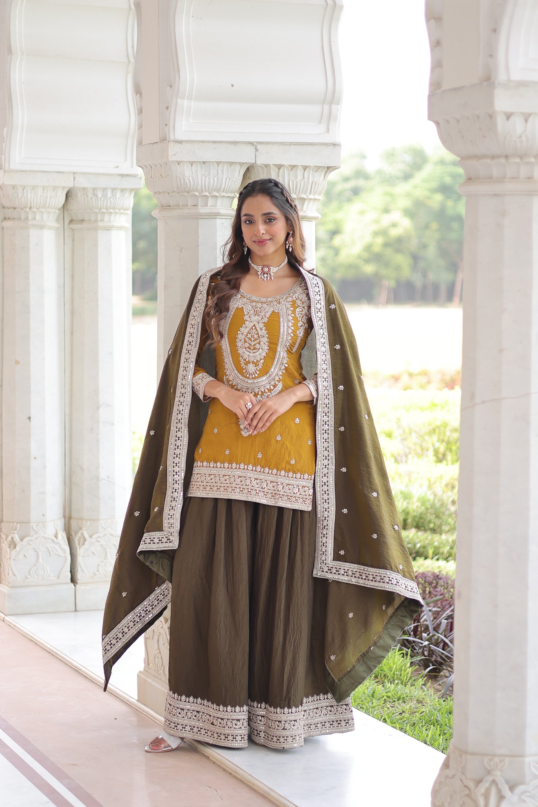 Lorenvalley Fashion Yellow NC Silk With Sequins and Coding Embroidered work Kurta Sharara with Dupatta